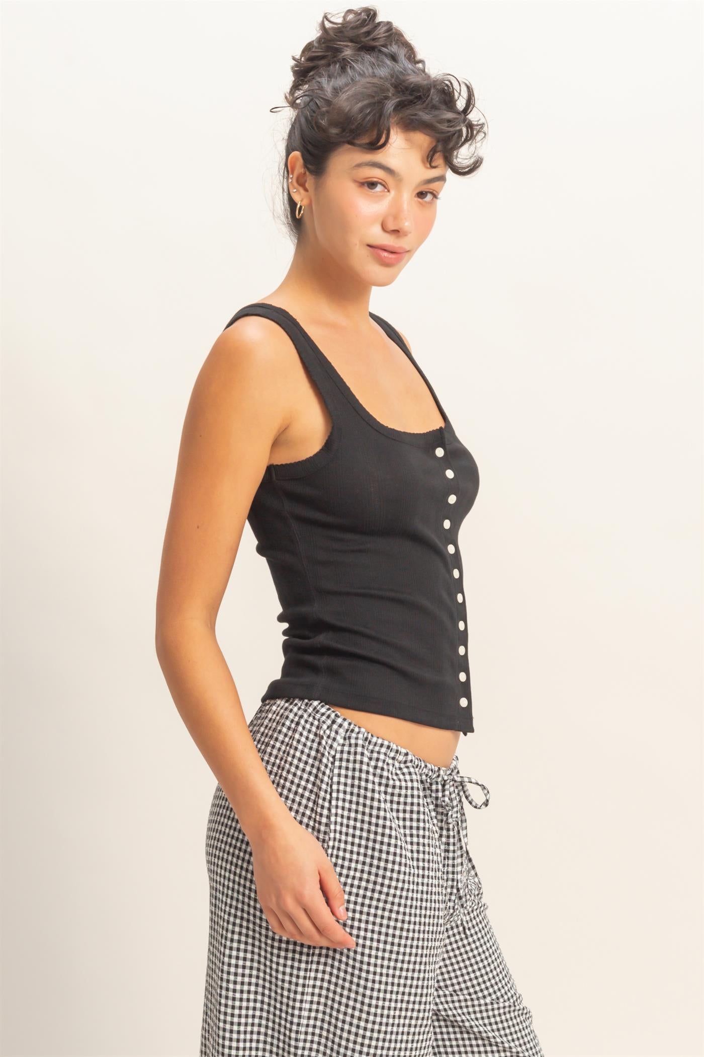 Wholesale Pointelle Button Front Scoop Neck Tank Top Tank Tops DZ26A775 BLACK DOUBLE ZERO