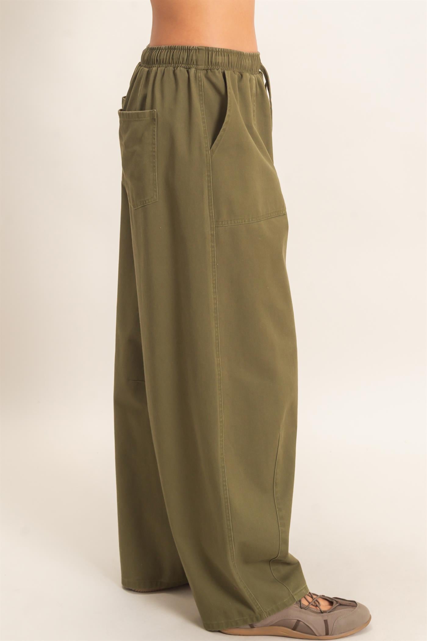 Wholesale Twill Elastic Waist Barrel Pants Pants DZ27A228 DARK OLIVE DOUBLE ZERO