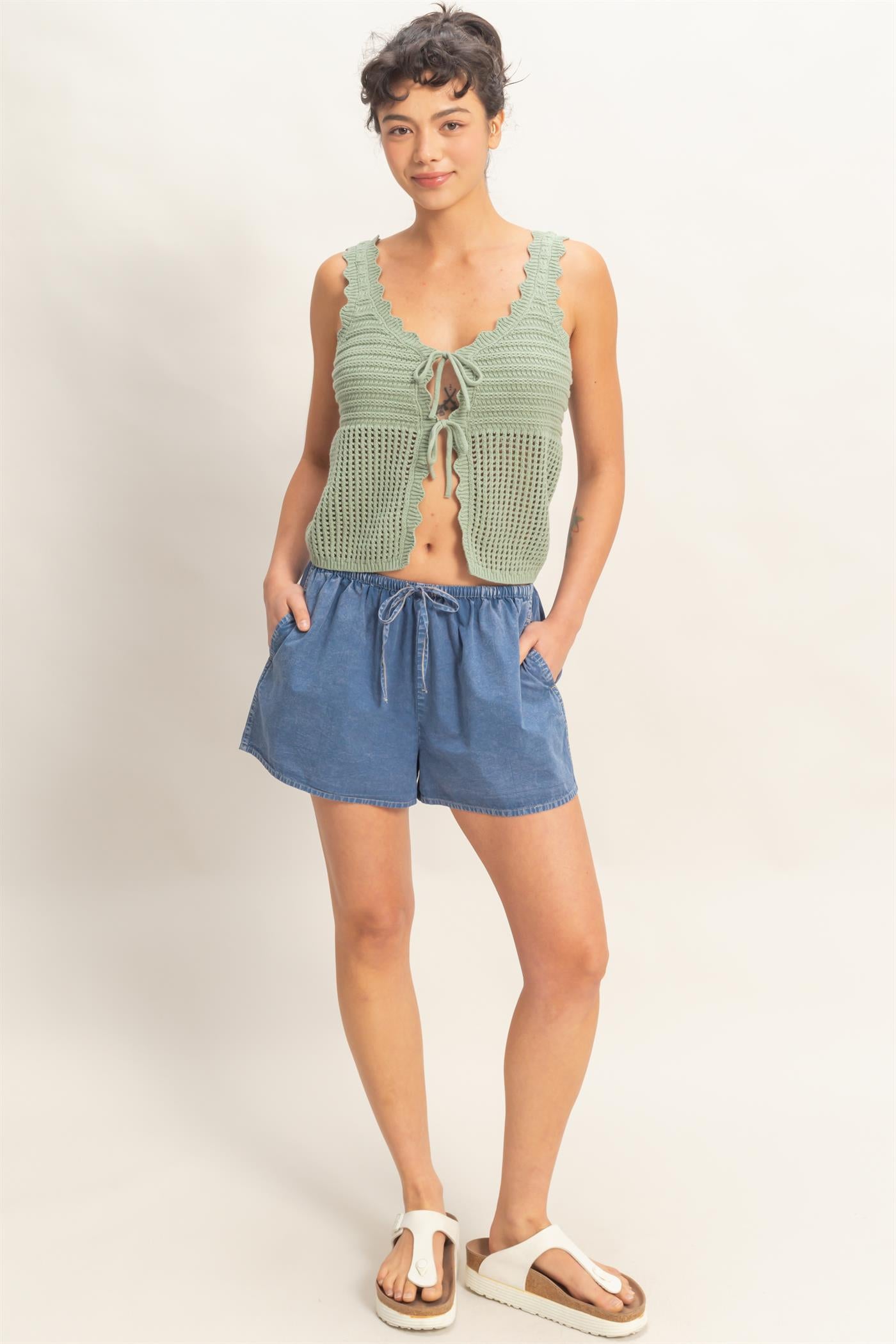 Wholesale Sleeveless Open Knit Double Tie-Front Vest Shirts DZ26A809 SAGE GREEN DOUBLE ZERO