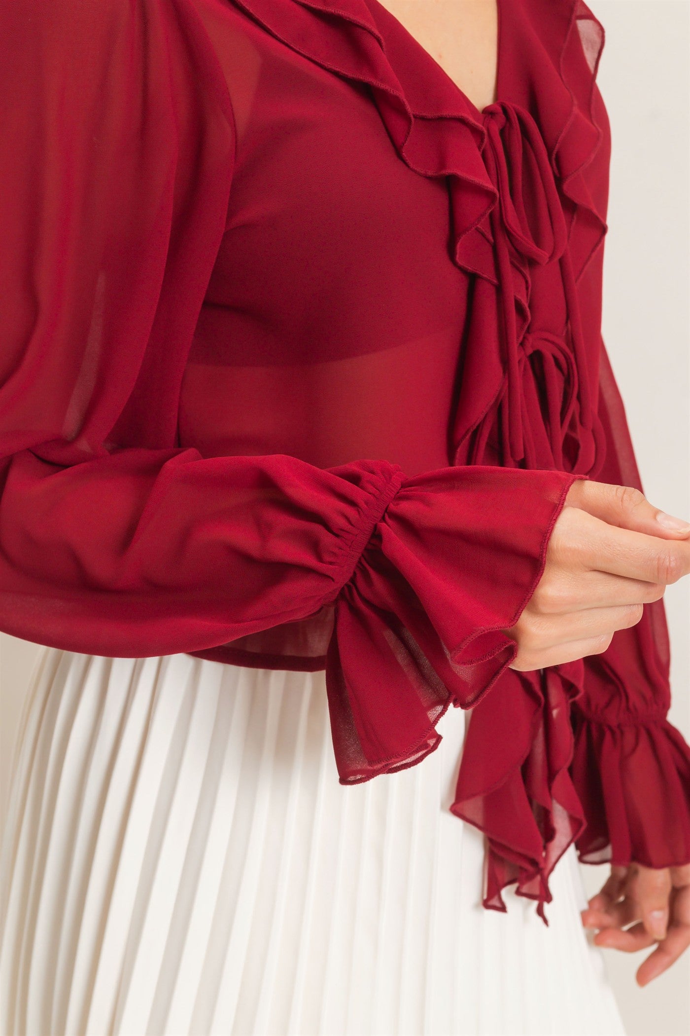 Wholesale Ruffled V-Neck Blouse Blouses HF26F066 BURGUNDY HYFVE