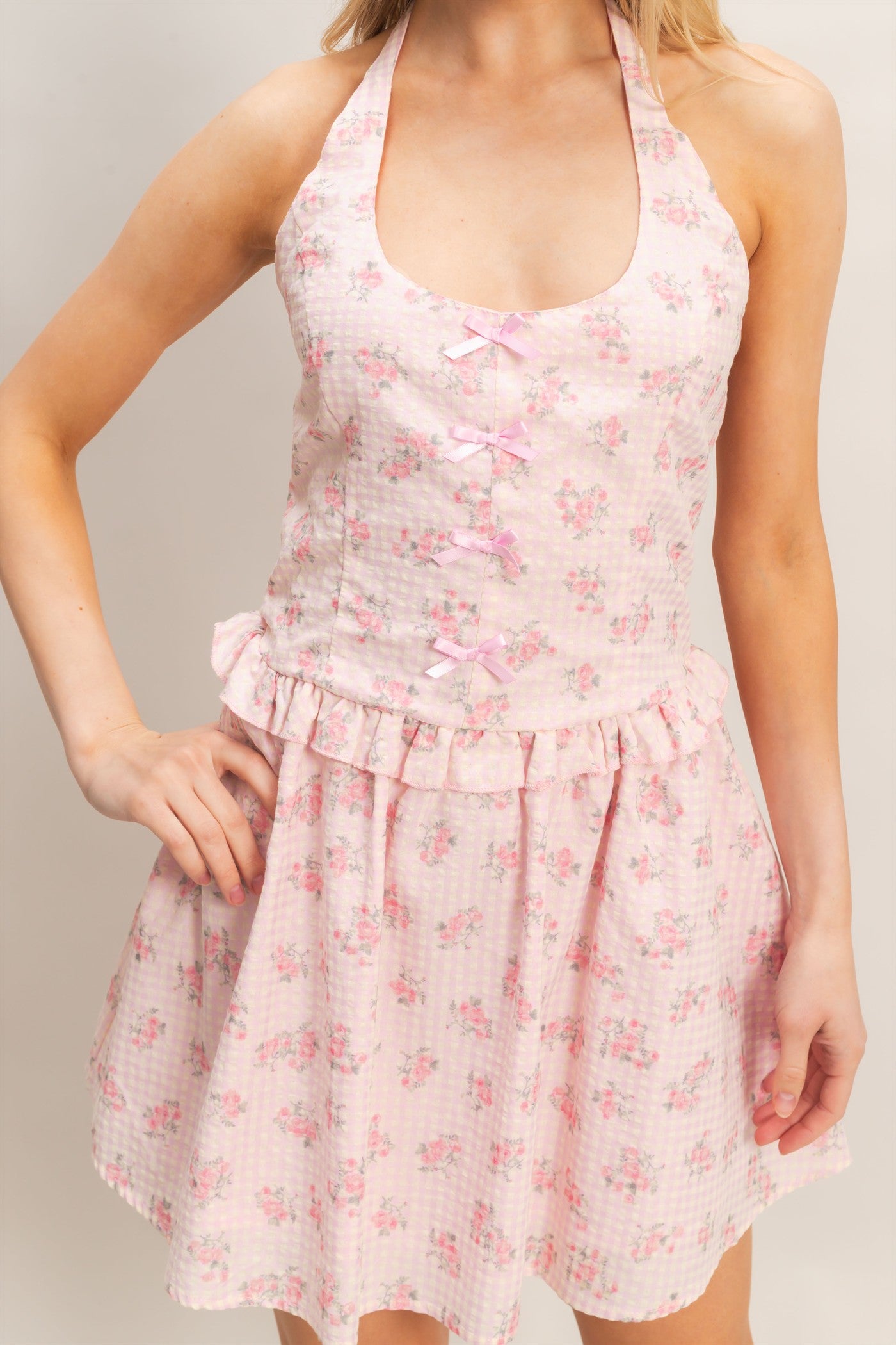 Wholesale Floral Seersucker Halter Dress Dresses HF26A189 PINK HYFVE