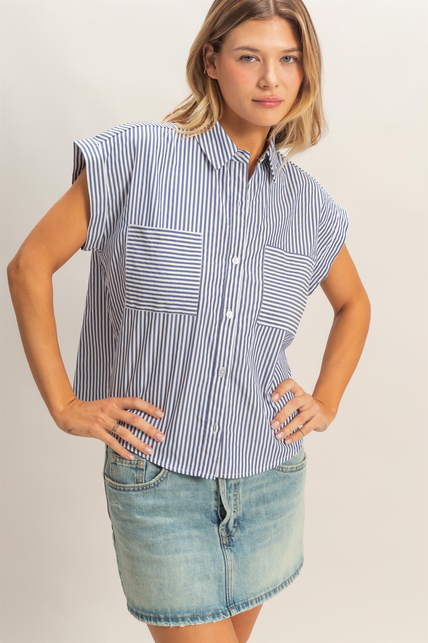 Wholesale Button-Up Striped Shirt Shirts HF26E429-D NAVY HYFVE