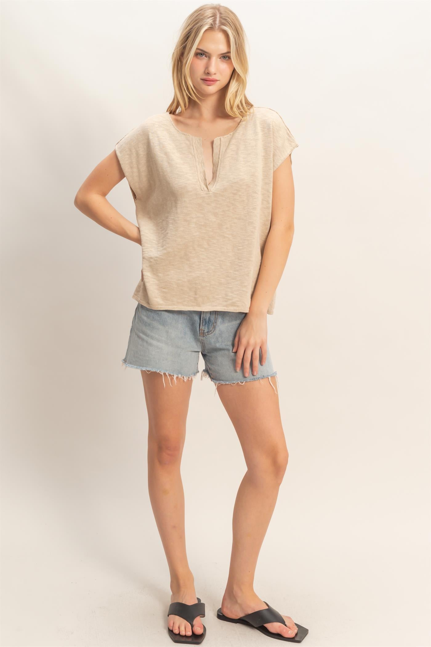 Wholesale Notched V-Neck Oversized Top Sweaters HF26A235 BEIGE HYFVE