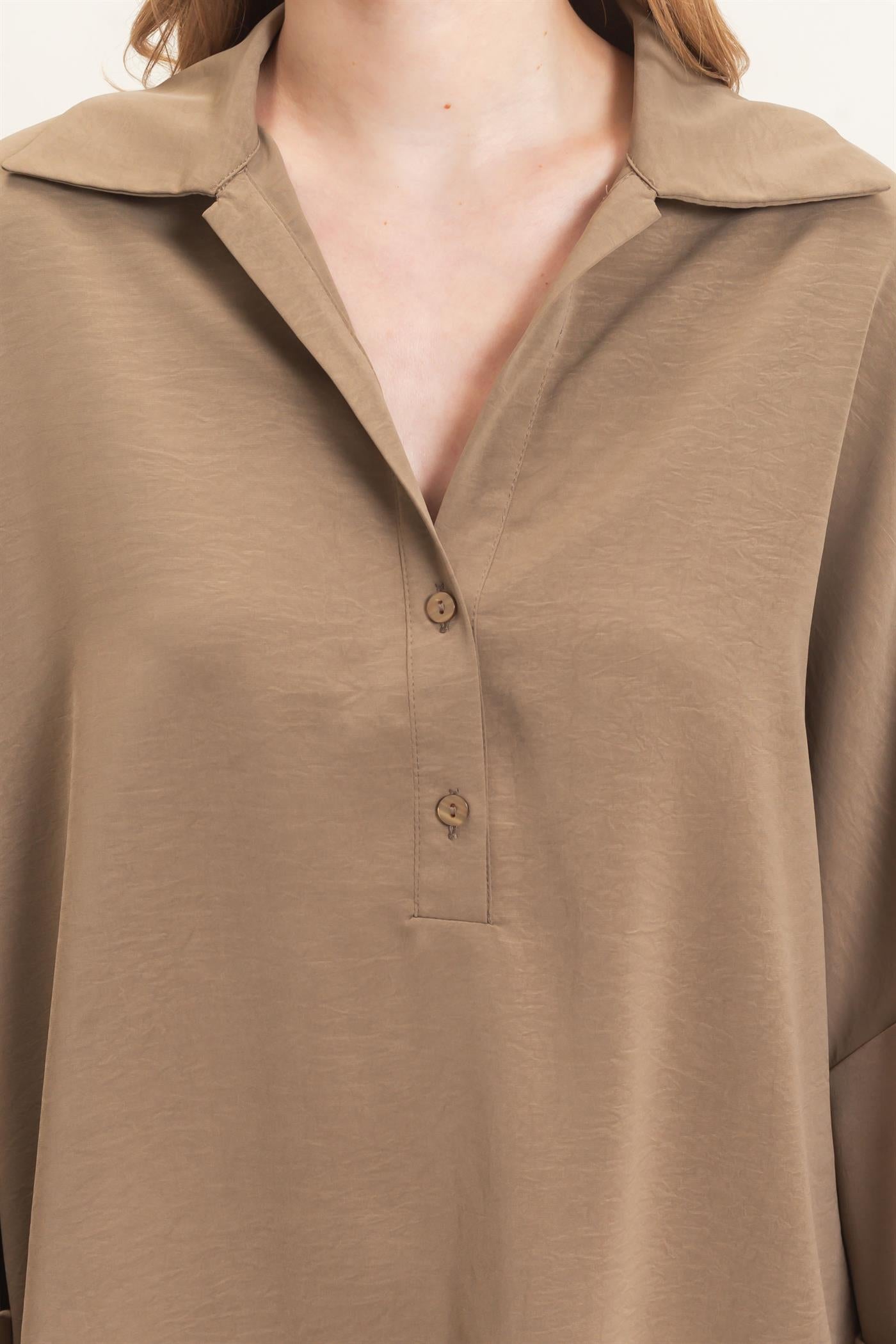 Wholesale Buttoned Collar Split Sleeve Top Clothing Tops HF26F071 OLIVE HYFVE