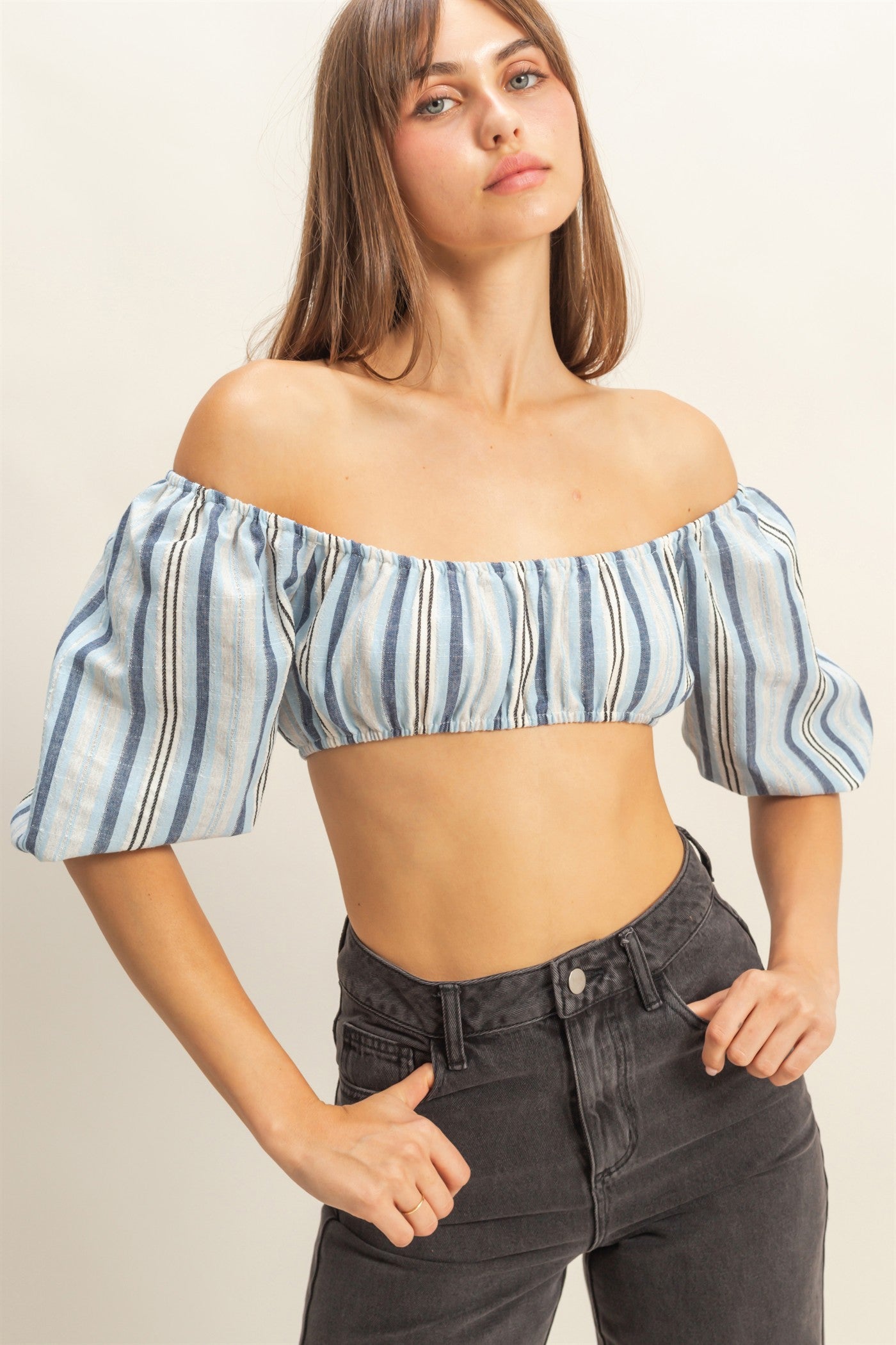 Wholesale Striped Off-Shoulder Crop Top Clothing Tops HF22C614 BLUE HYFVE