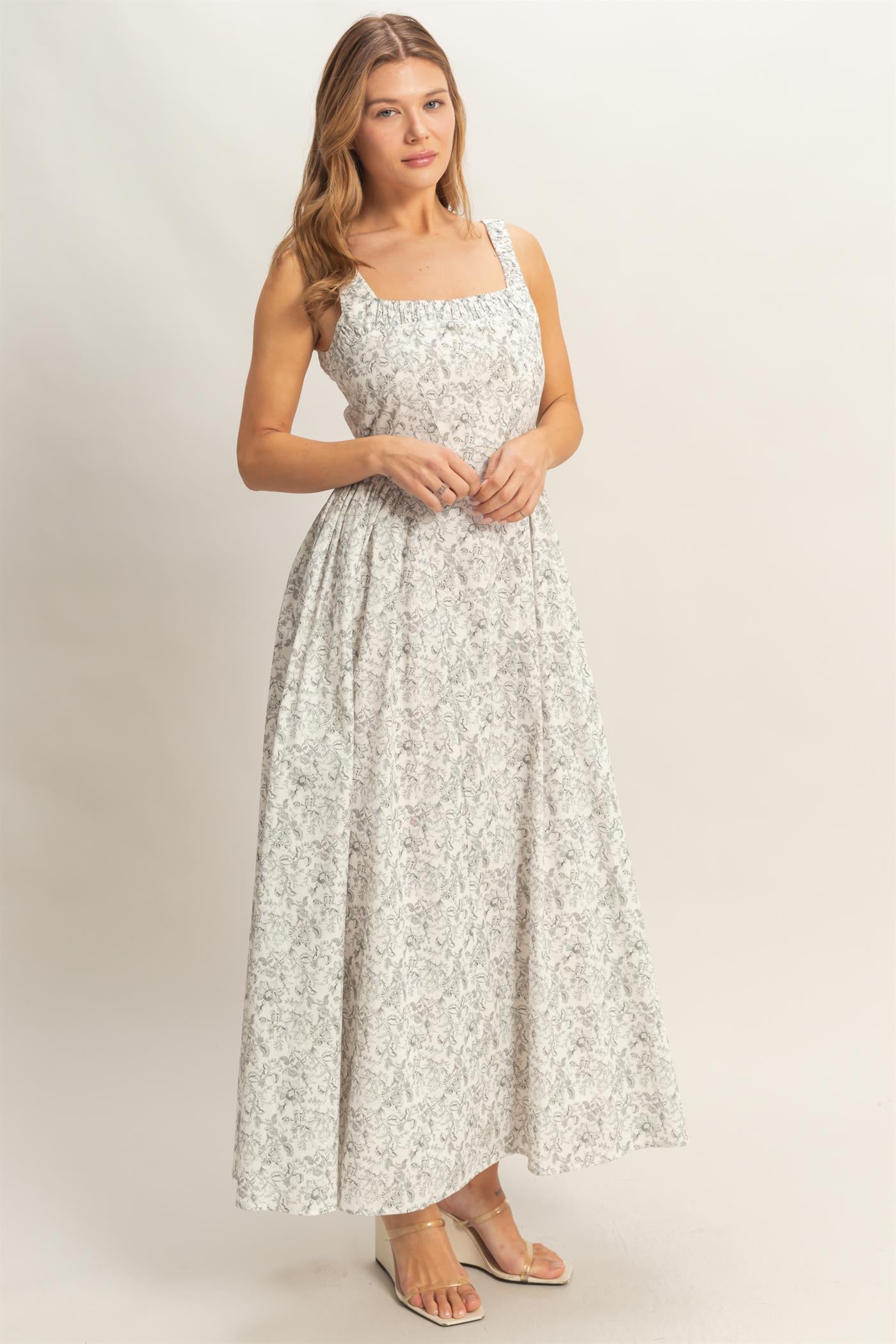 Wholesale Floral Print Empire Waist Dress Dresses HF26A153-D BLACK HYFVE