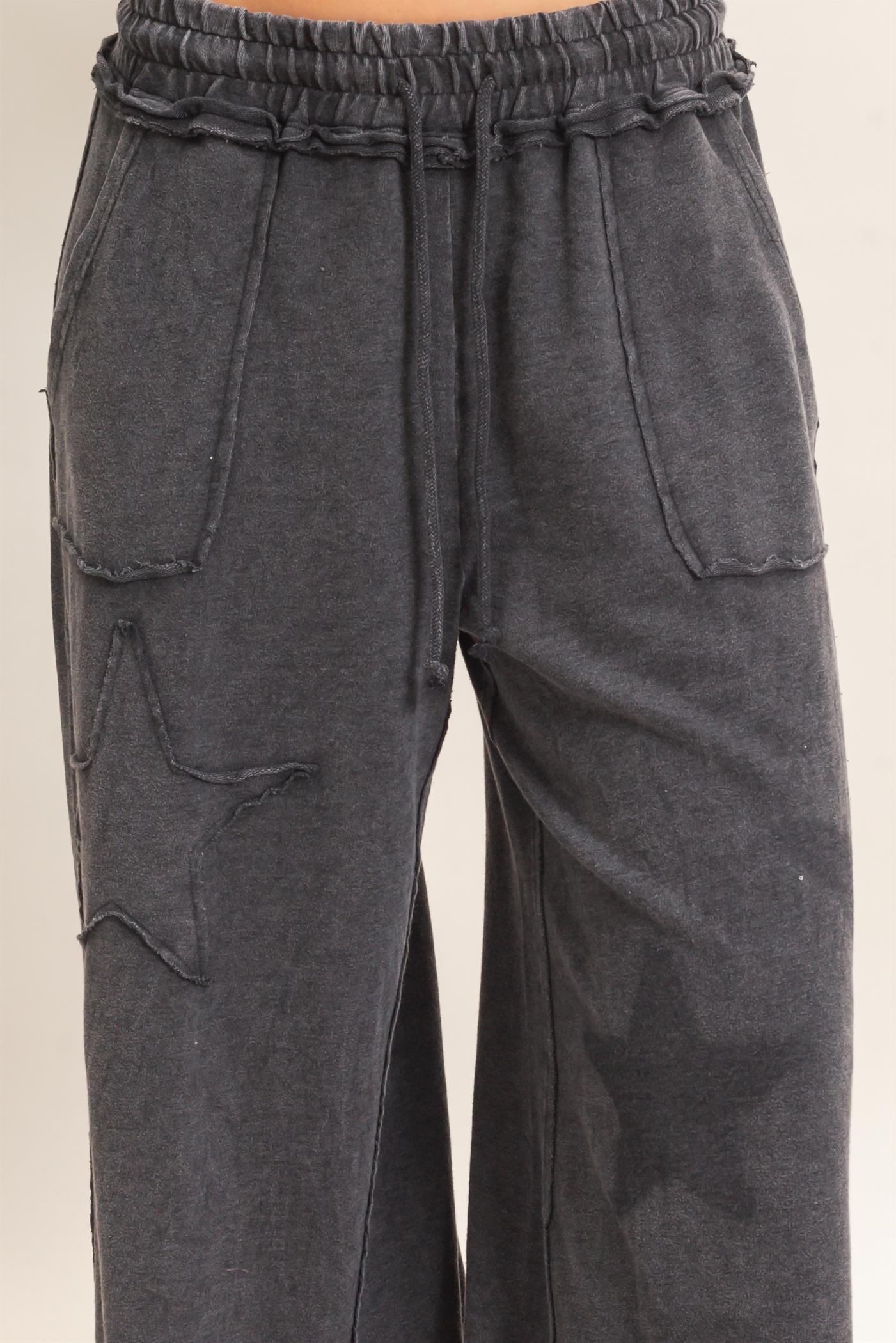 Wholesale Mineral Wash Star Patch And Print Wide Leg Pants Pants DZ26F060 BLACK DOUBLE ZERO