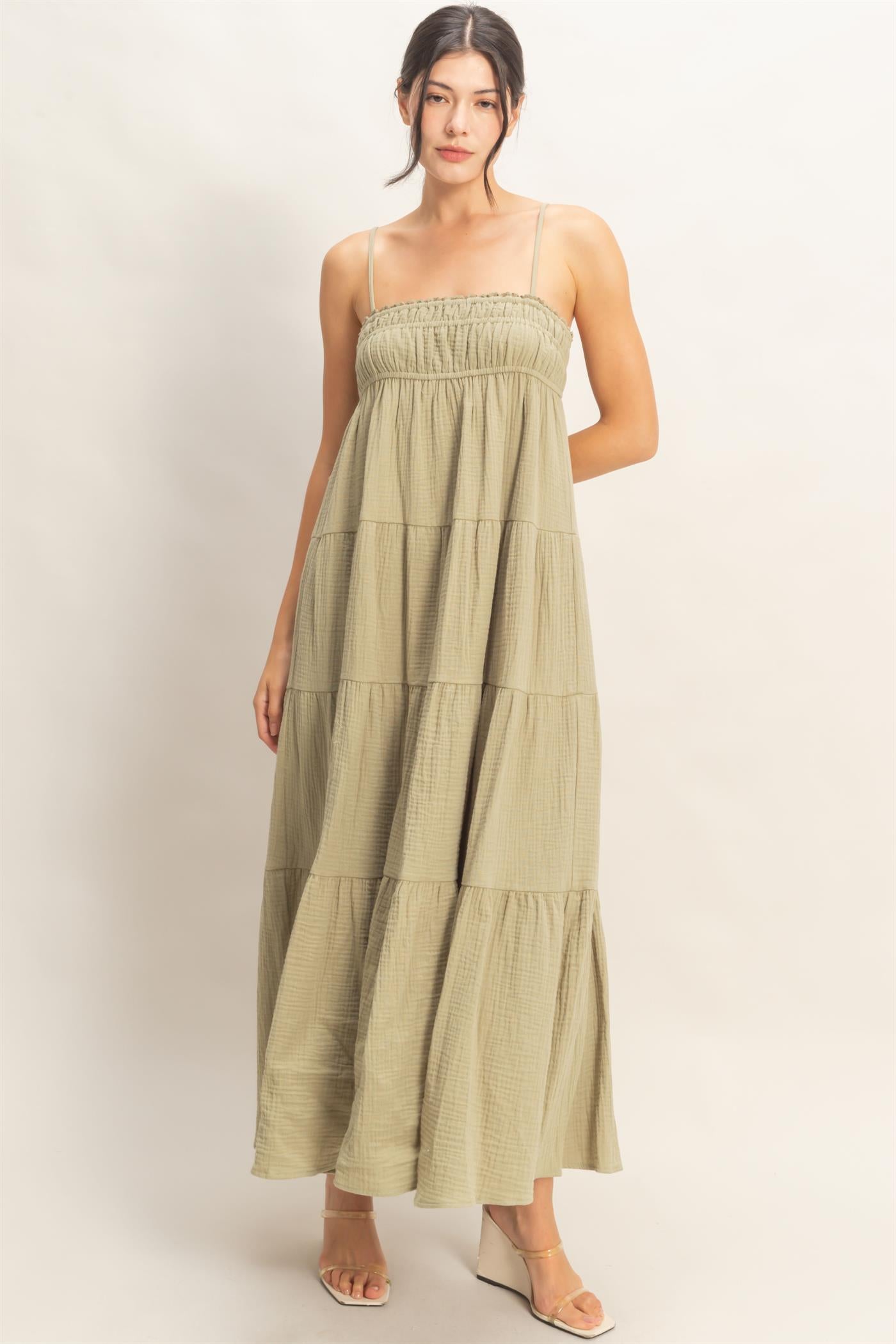 Wholesale Smocked Tiered Maxi Dress Dresses HF26C303 LIGHT OLIVE HYFVE