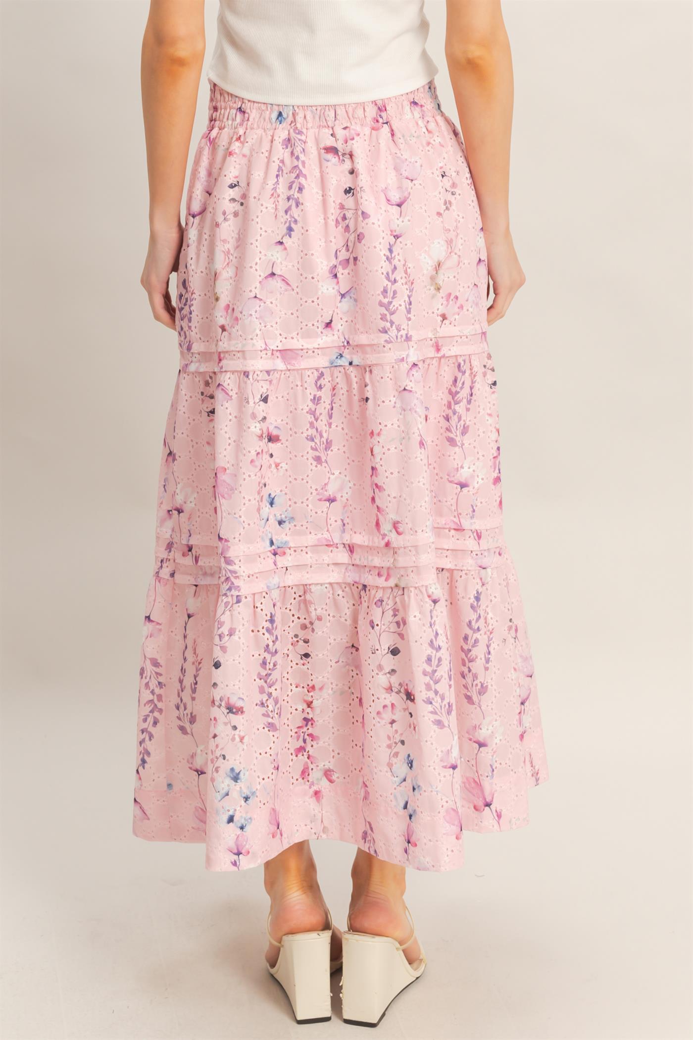 Wholesale Floral Smocked Waist Skirt Skirts HF26A361-D PINK HYFVE