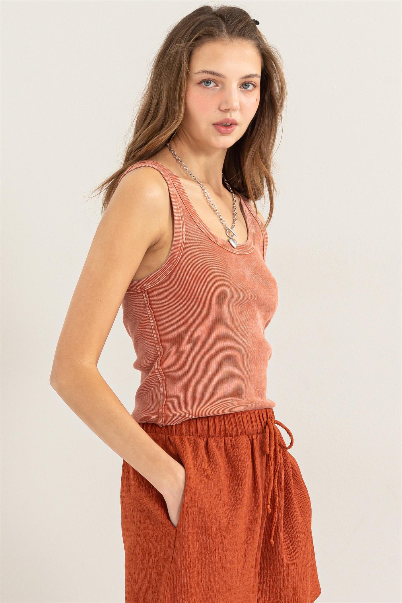 Wholesale Acid Washed Tank Top Clothing Tops DZ24A649-D BAKED CLAY DOUBLE ZERO