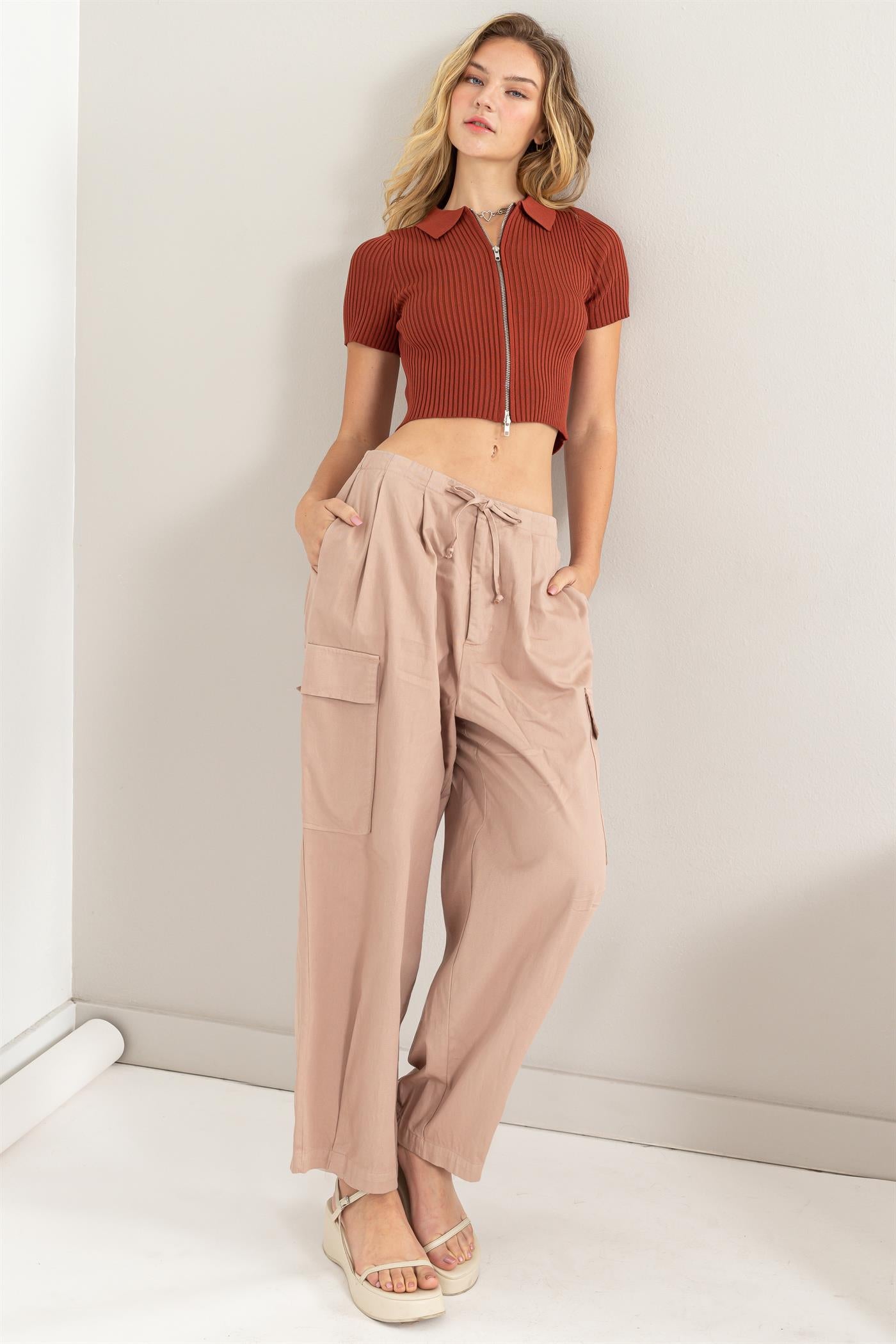Wholesale High Waist Drawstring Cargo Pants Pants DZ24A650 TAN DOUBLE ZERO
