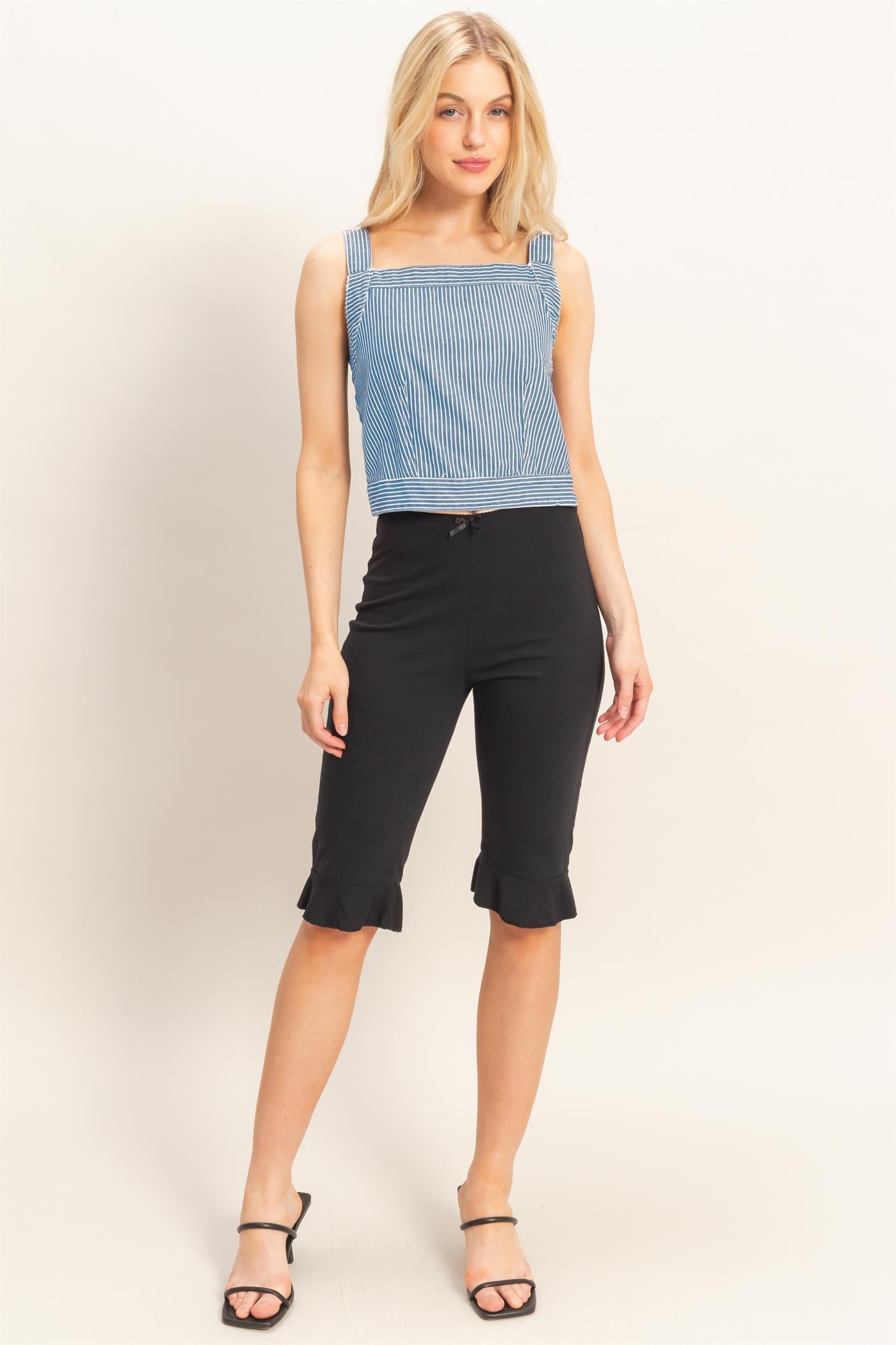 Wholesale Square Neck Denim Tank Top with Back Tie Detail Tank Tops HF26A065 L.DENIM HYFVE