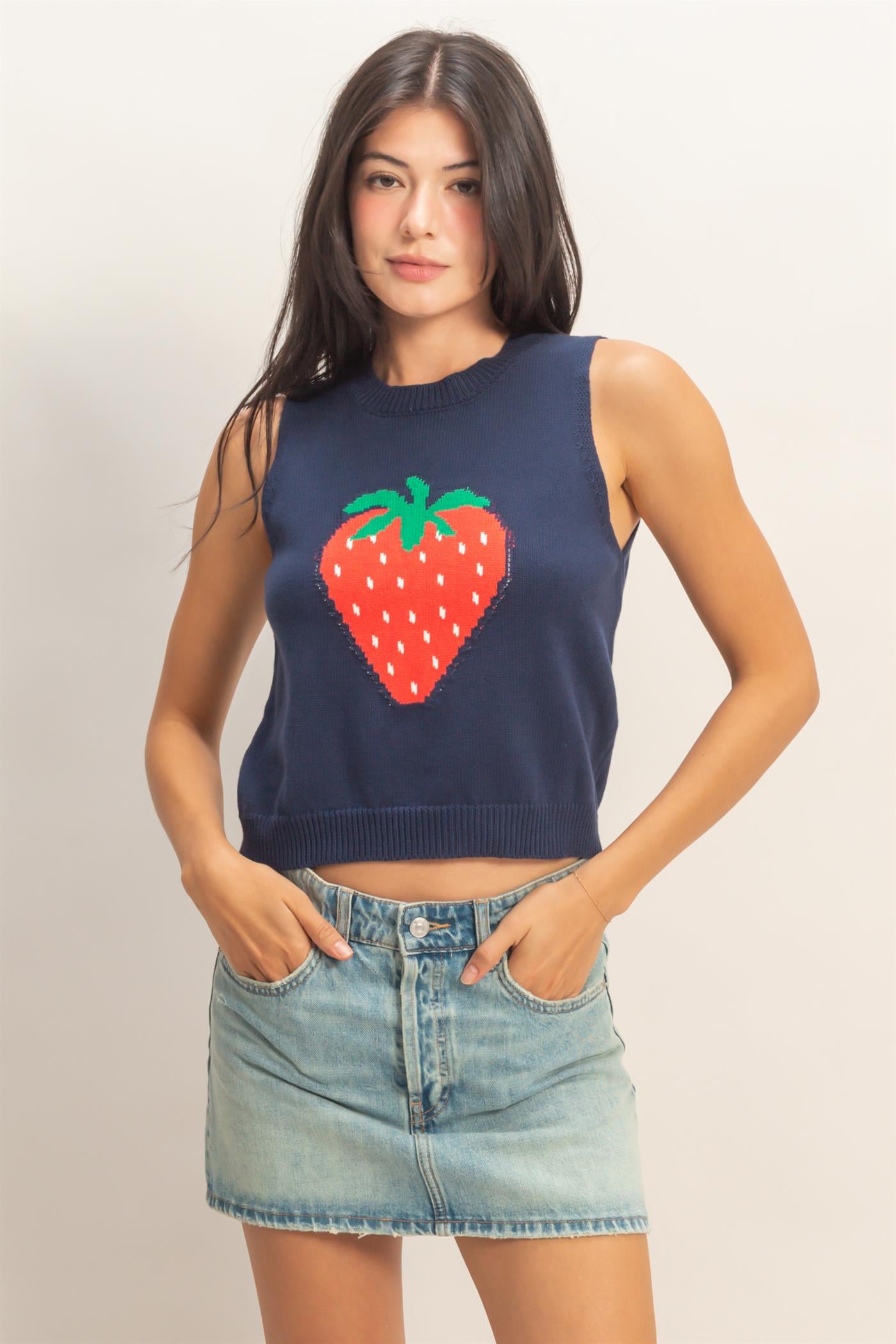 Wholesale Strawberry Sleeveless Knit Top Clothing Tops DZ26A035 NAVY DOUBLE ZERO