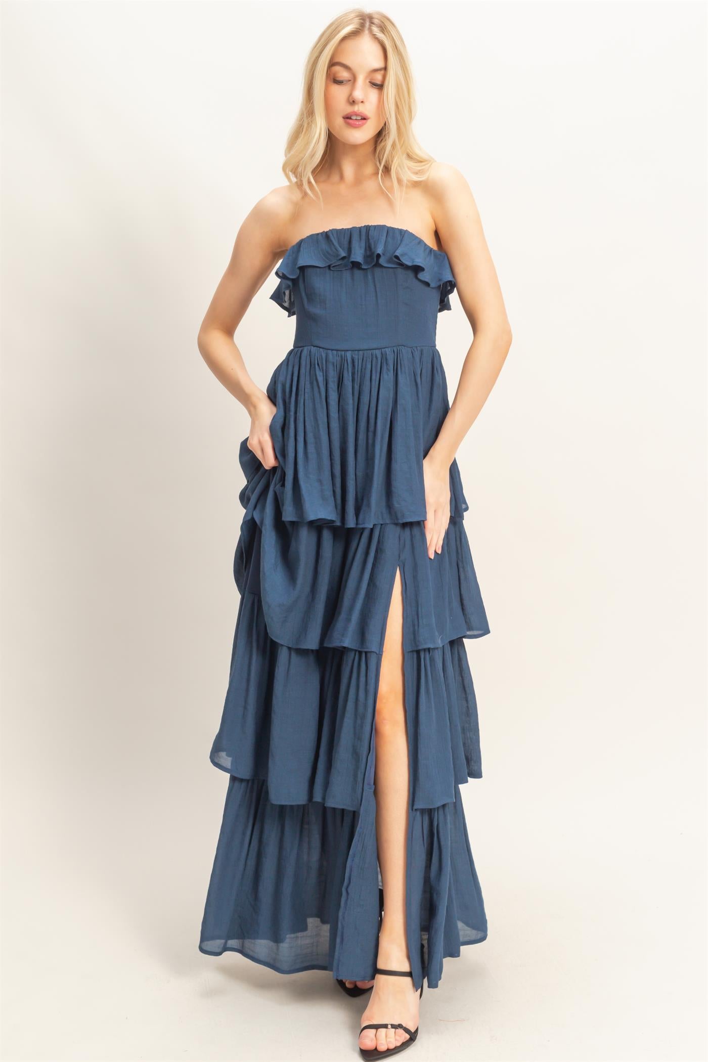 Wholesale Tiered Strapless Ruffle Dress Dresses HF26A616-D NAVY HYFVE