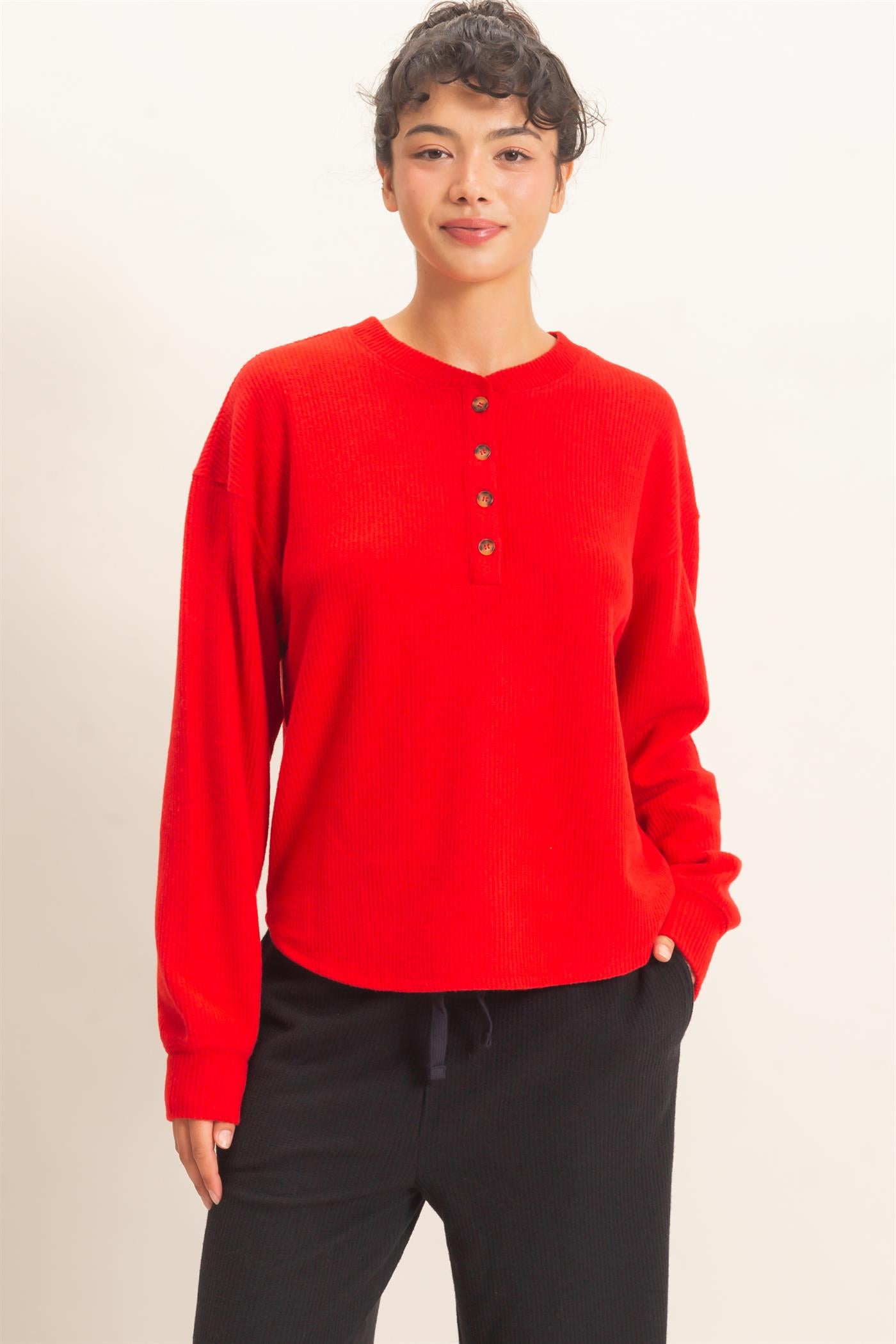 Wholesale Brushed Waffle Henley Top Clothing Tops DZ26F314 RED DOUBLE ZERO