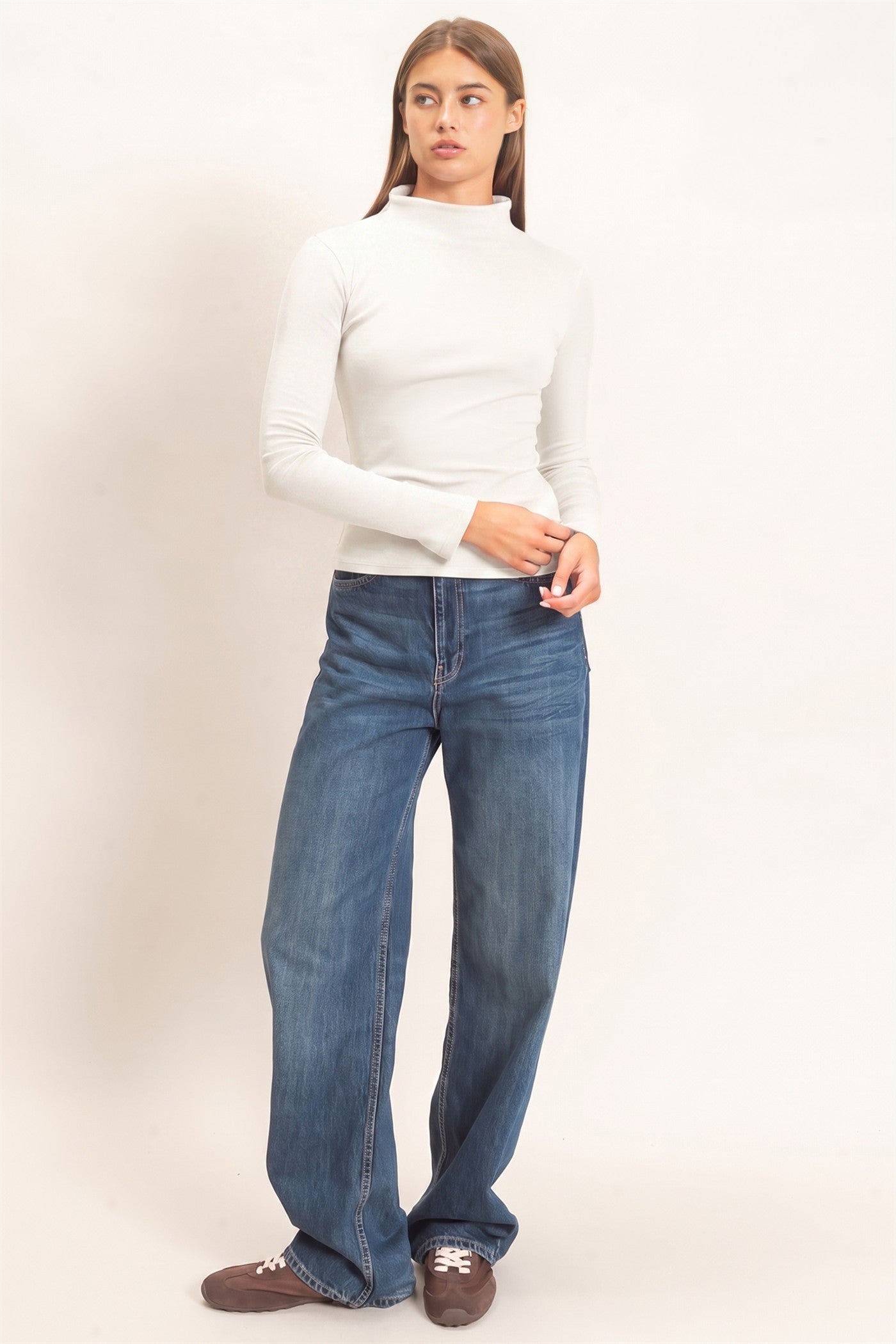 Wholesale Mock Neck Long Sleeve Top Clothing Tops DZ26F281 WHITE DOUBLE ZERO