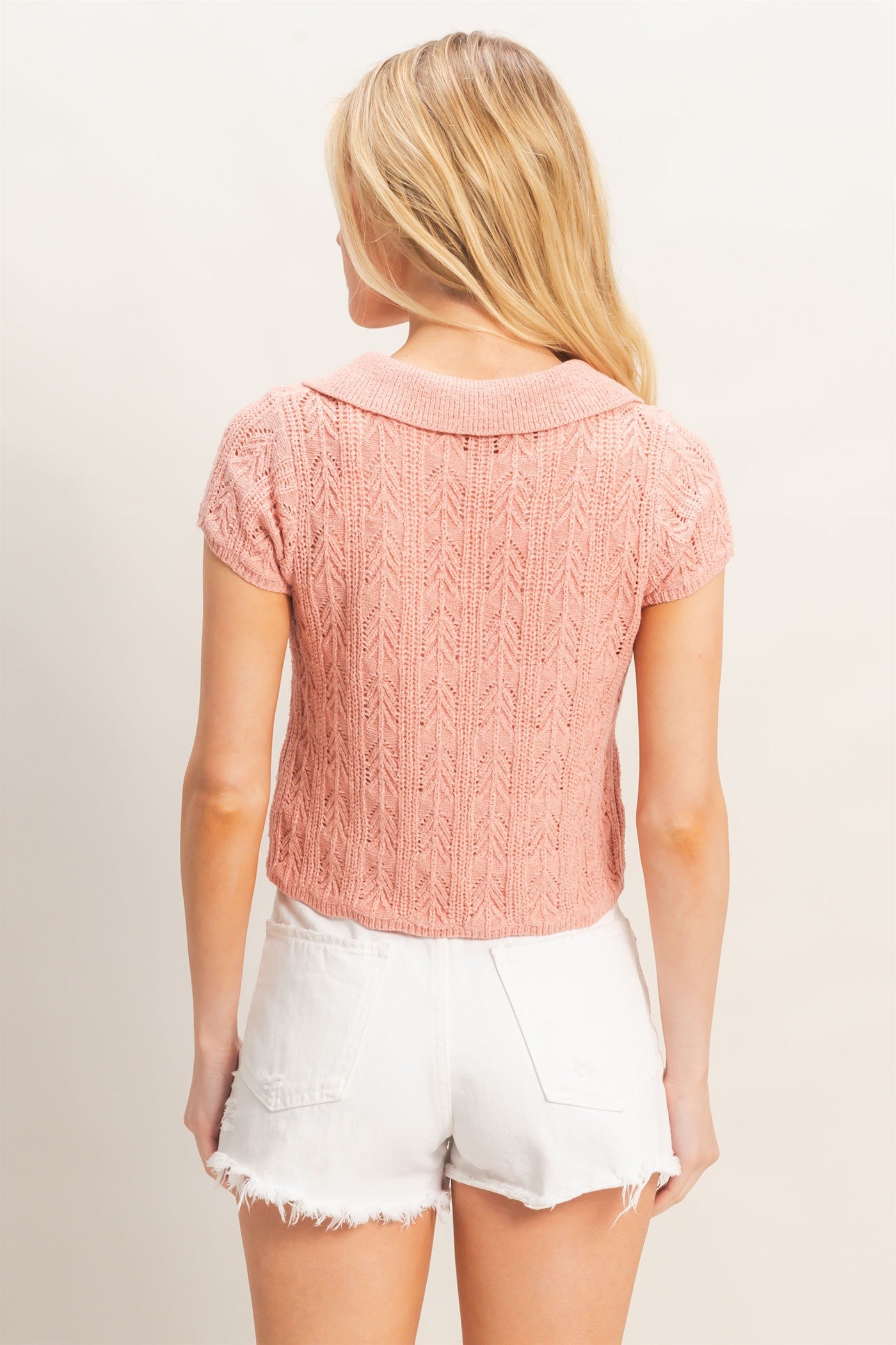 Wholesale Pointelle Knit Collared Cardigan Clothing Tops HF26A856 LIGHT MAUVE HYFVE