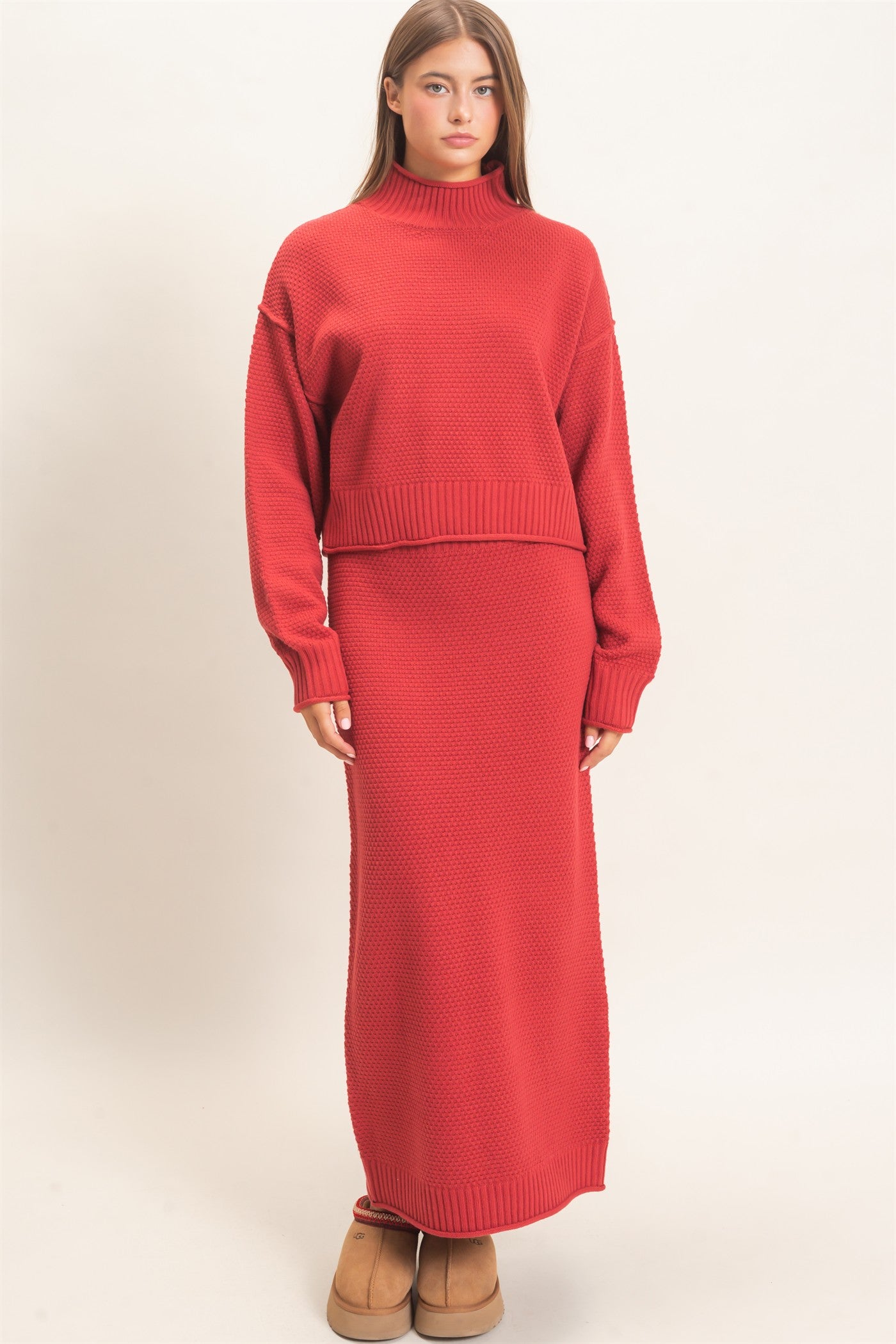 Wholesale High Neck Long Sleeve Top & Maxi Skirt Set Clothing DZ26E272-SET DARK RED DOUBLE ZERO