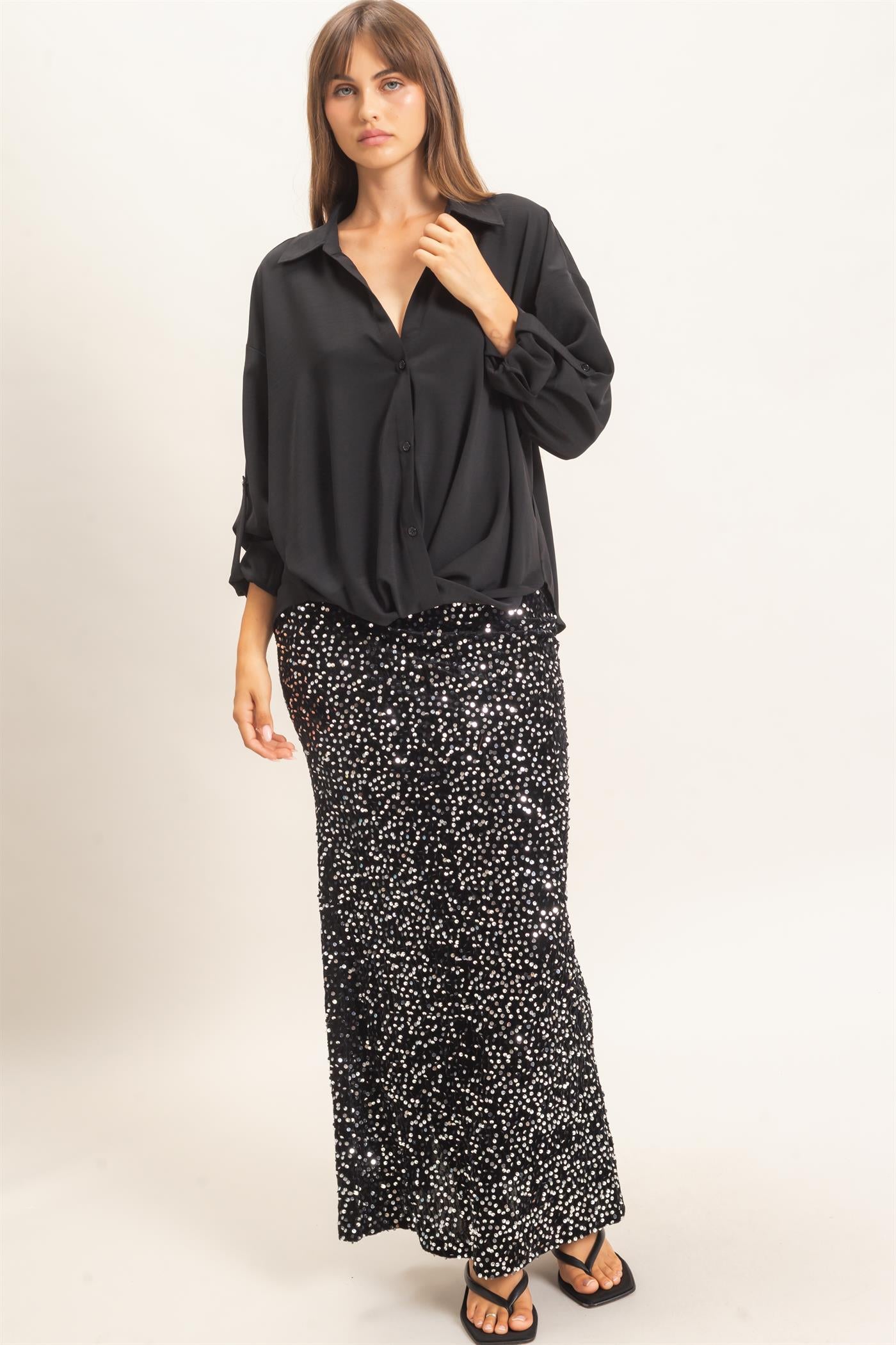 Wholesale Sequin Midi Skirt Skirts HF26F121 BLACK HYFVE
