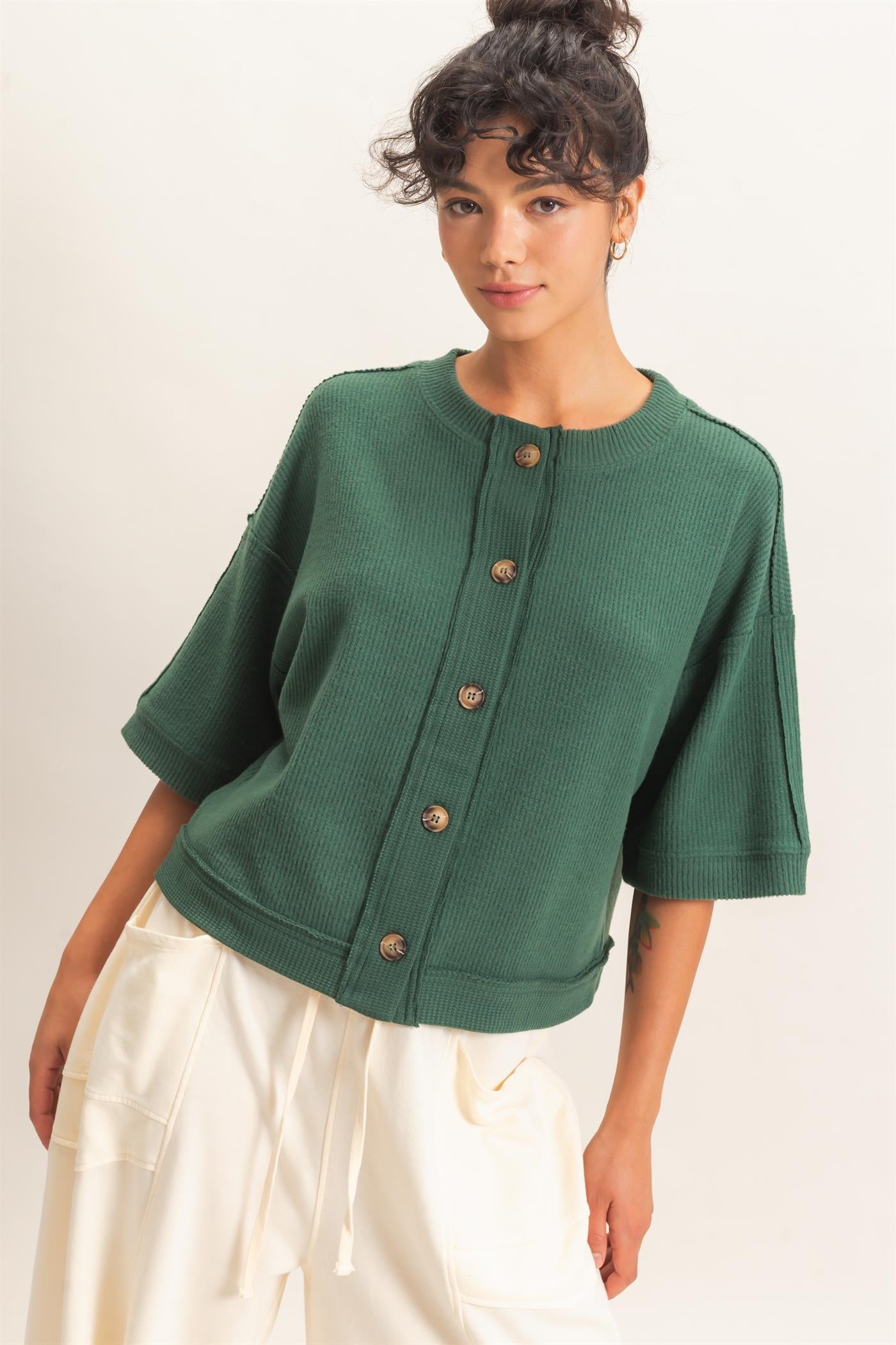 Wholesale Button-Down Short Sleeve Waffle Top Clothing Tops DZ26F244 DARK GREEN DOUBLE ZERO