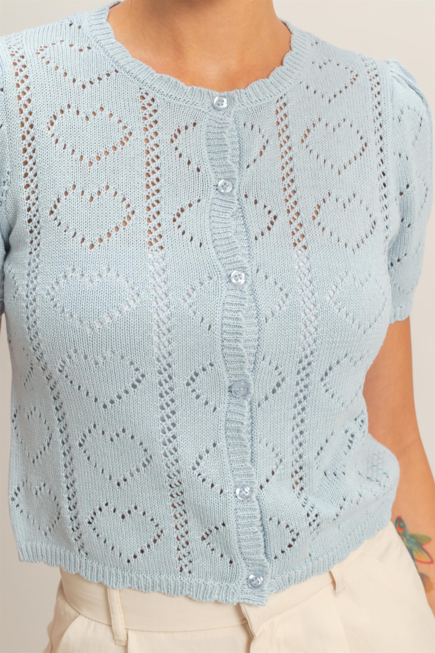 Wholesale Pointelle Knit Puff Sleeve Button Up Cardigan Cardigans DZ26A425 ICE BLUE HYFVE