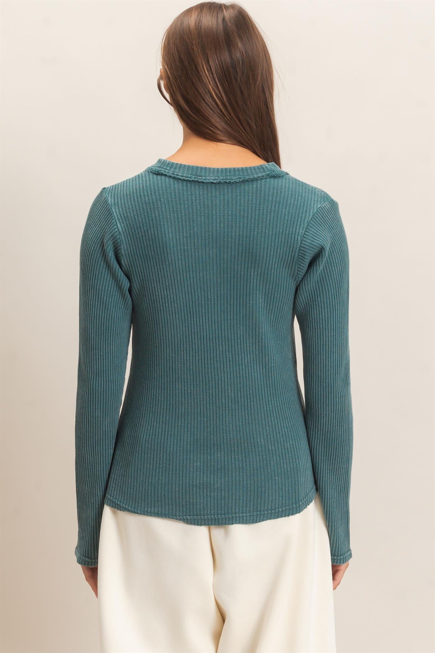 Wholesale Mineral Wash Waffle Henley Long Sleeve Top Clothing Tops DZ26E243 DARK TEAL DOUBLE ZERO