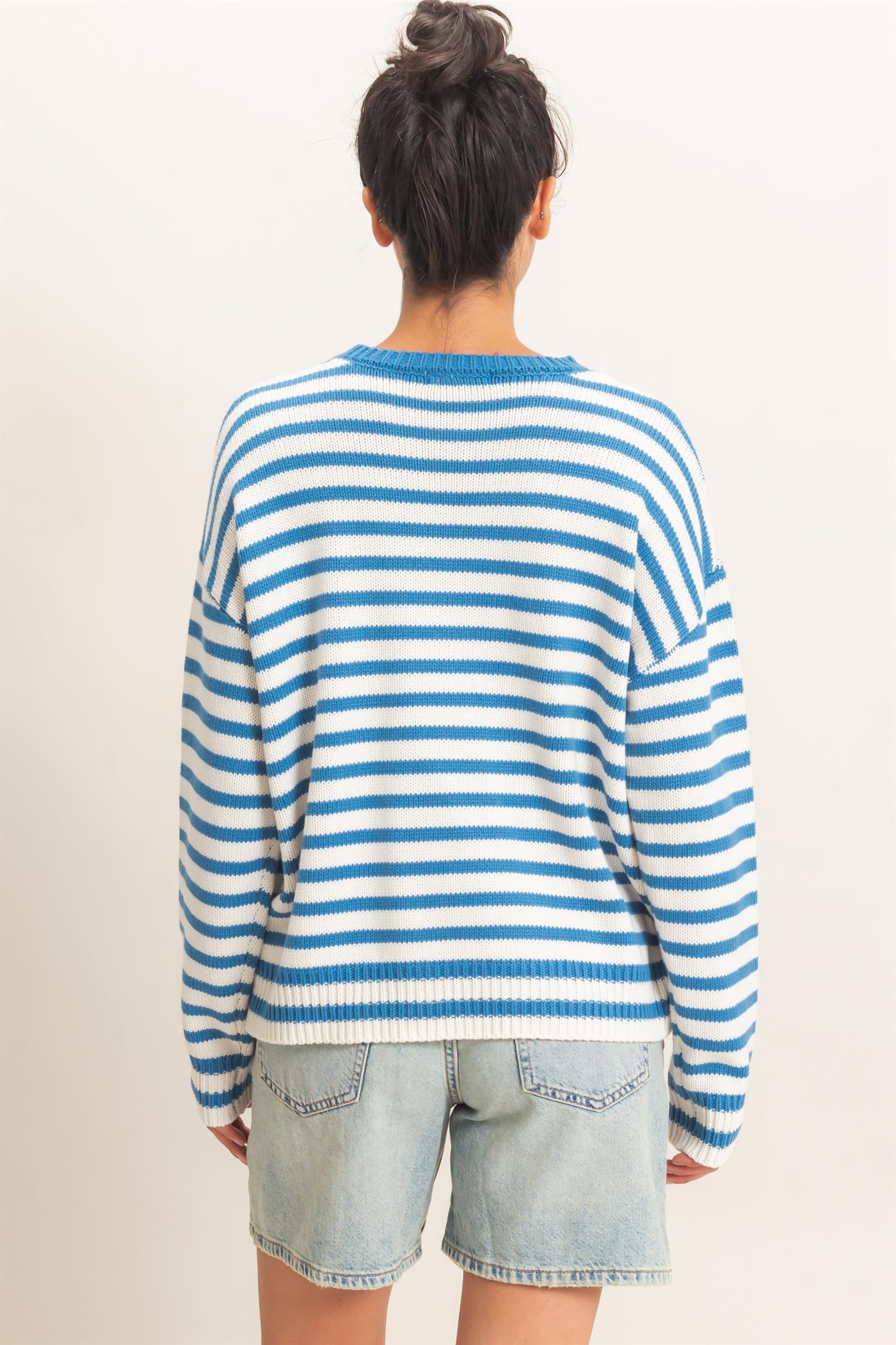 Wholesale Striped Crew Neck Sweater Sweaters DZ26E237 BLUE DOUBLE ZERO
