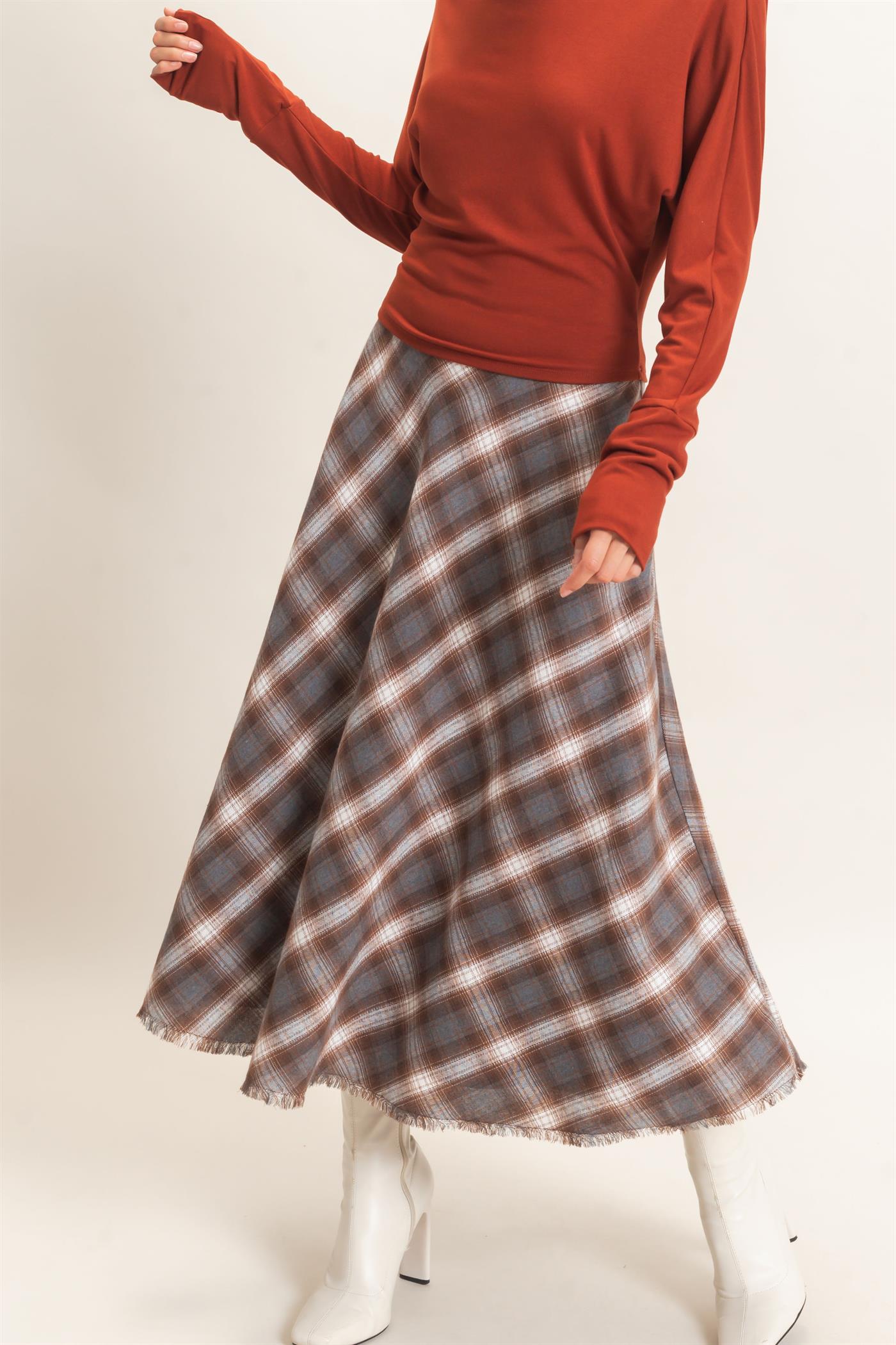 Wholesale A-Line Plaid Frayed Hem Skirt Skirts HF26E972 BROWN HYFVE