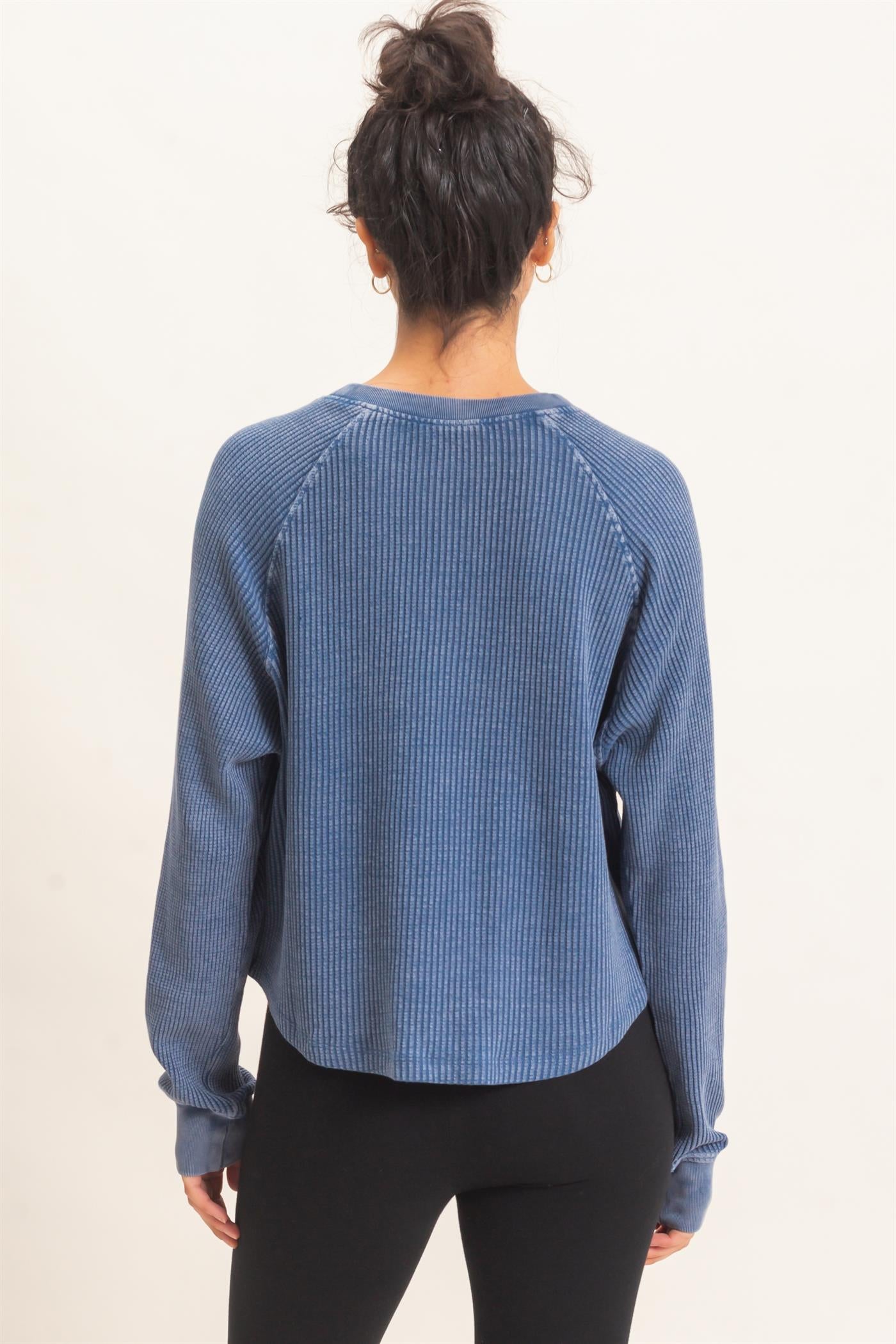 Wholesale Mineral Wash Waffle Knit Henley Top Sweatshirts DZ26E947 NAVY DOUBLE ZERO