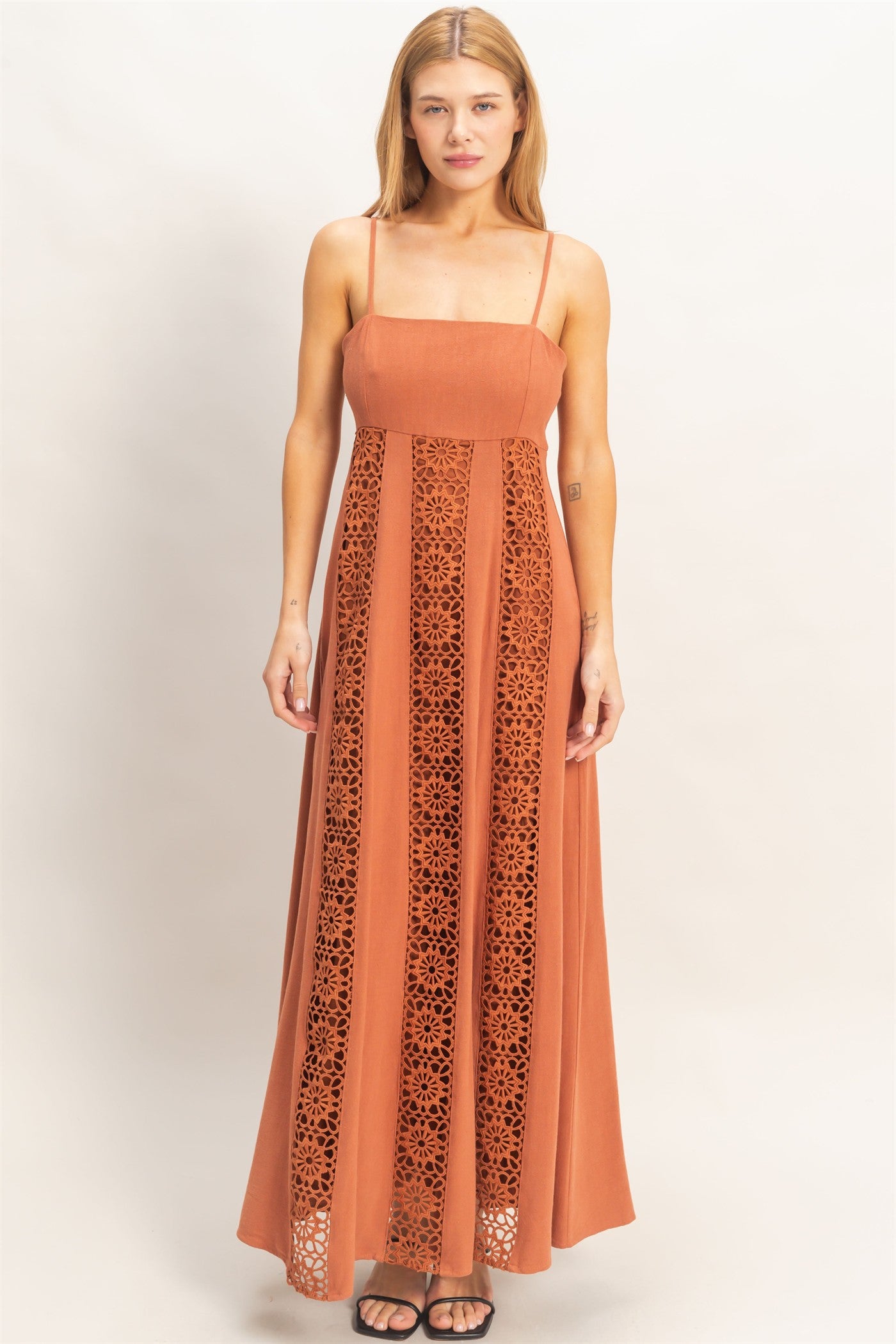 Wholesale Woven Lace Trim Maxi Dress Dresses HF26A498 TERACOTTA HYFVE