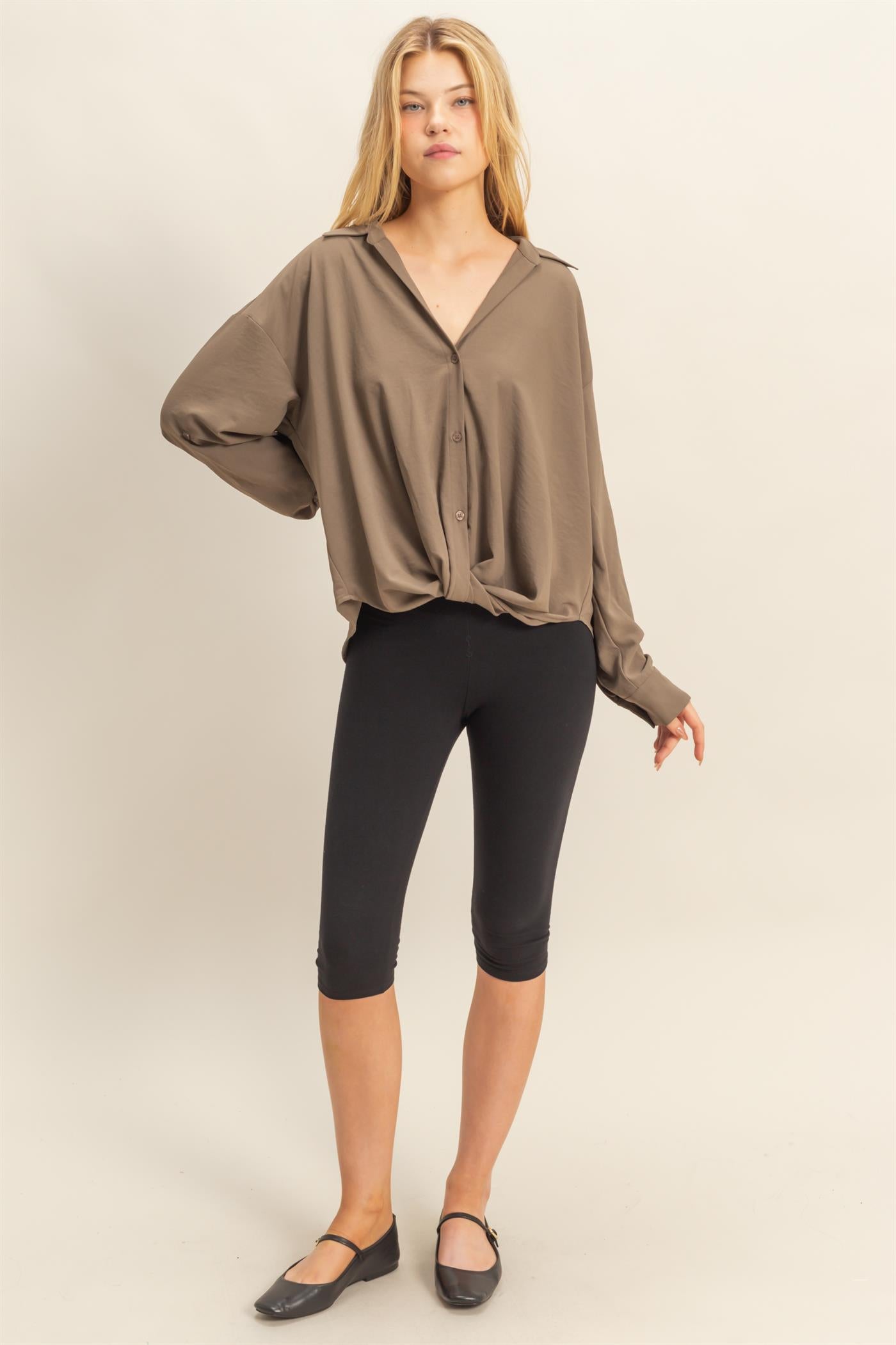 Wholesale Button-Down Blouse With Flowing Fit Clothing Tops HF25C543 OLIVE HYFVE