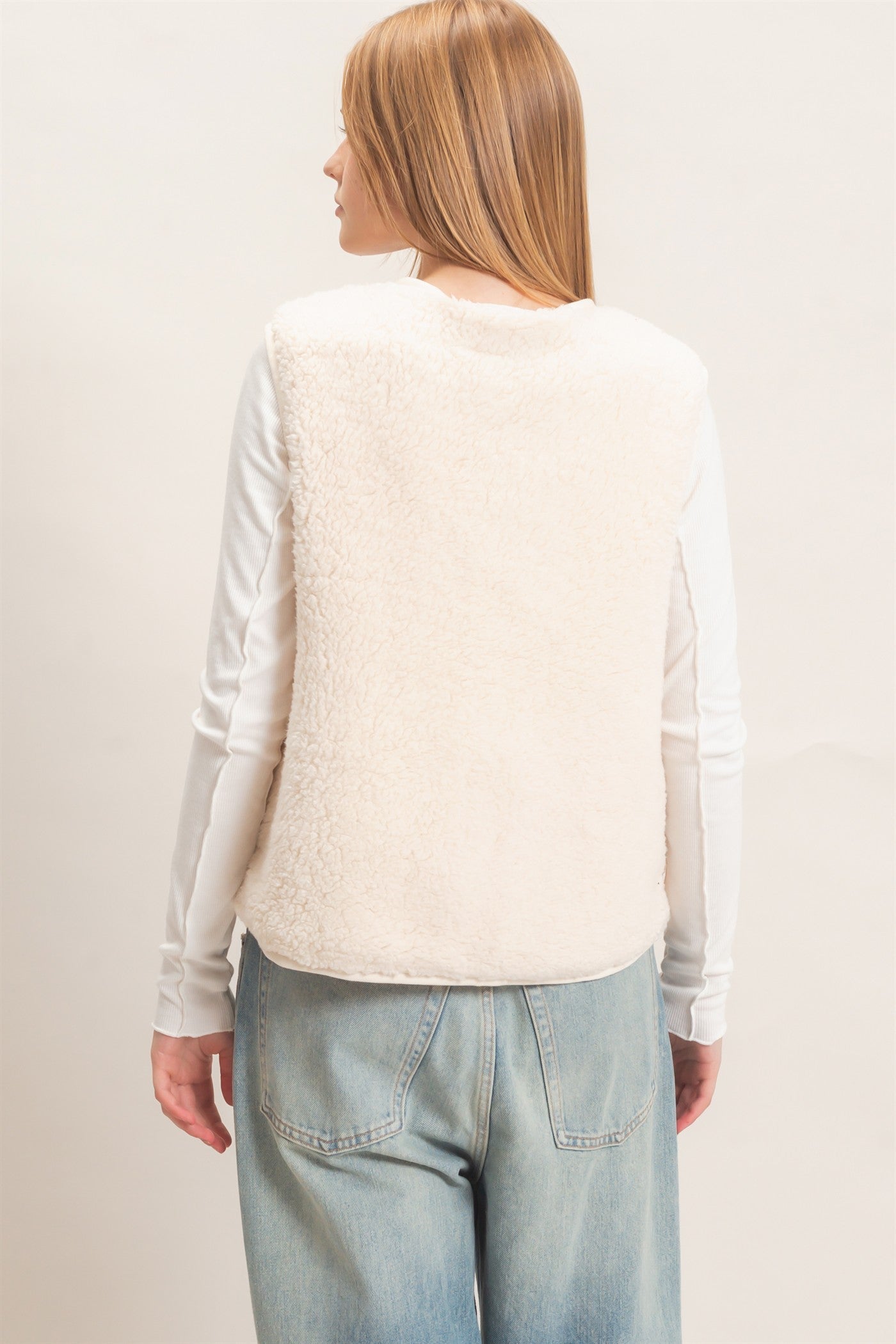 Wholesale Button Front Sherpa Vest With Patch Pockets Vests HF27A010 CREAM HYFVE