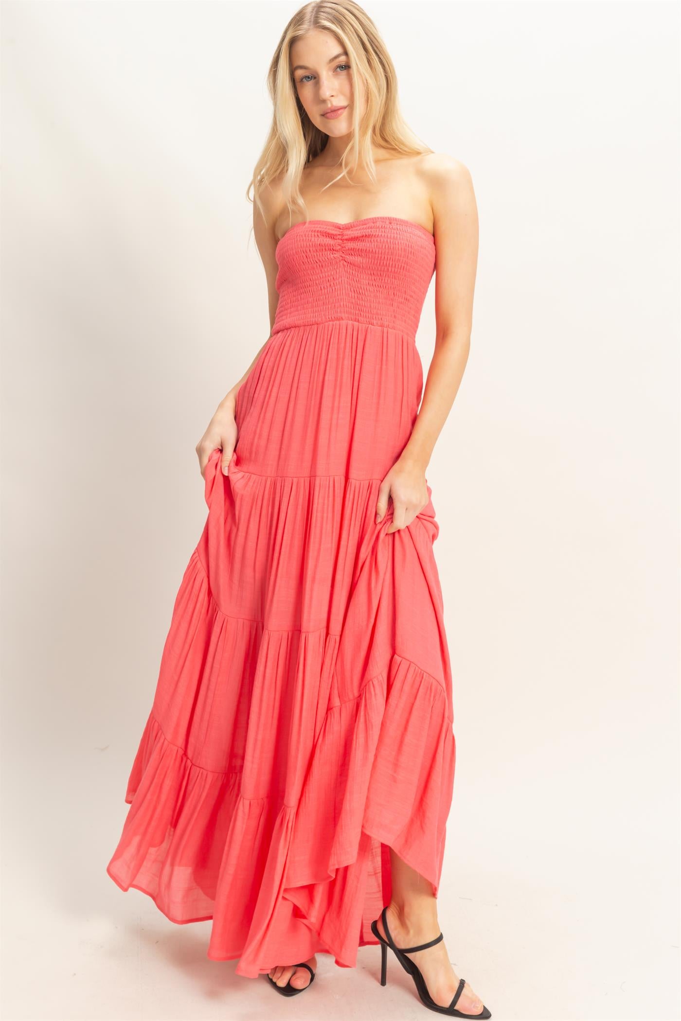 Wholesale Smocked Elastic Neck Maxi Dress Dresses HF26C284-D CORAL RED HYFVE
