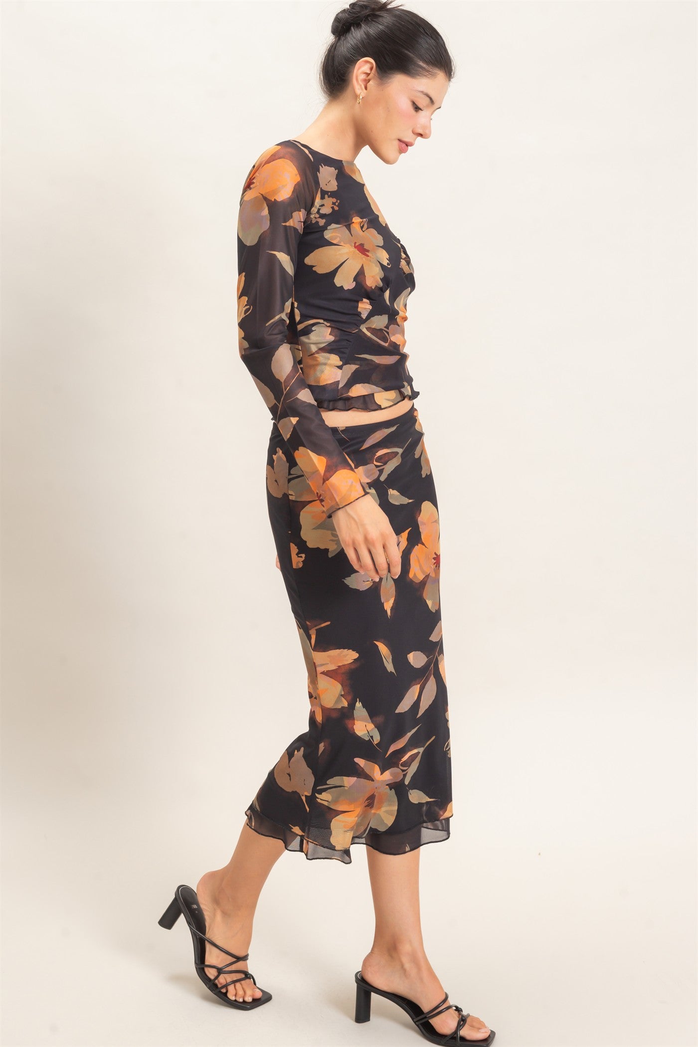 Wholesale Floral Mesh Top And Skirt Set Clothing HF26C933-SET BLACK HYFVE