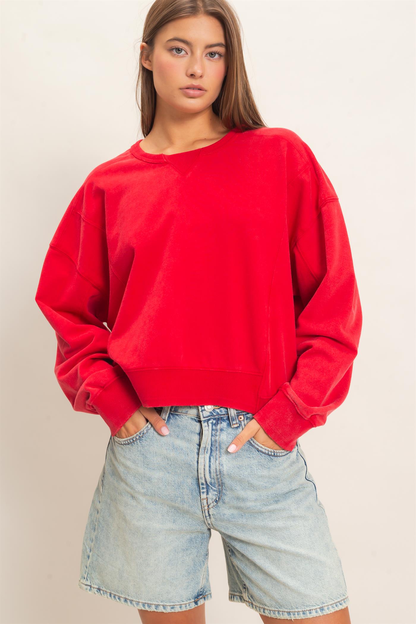 Wholesale Acid Wash Seam Detail Crew Neck Sweatshirt Sweatshirts DZ26E260 RED DOUBLE ZERO