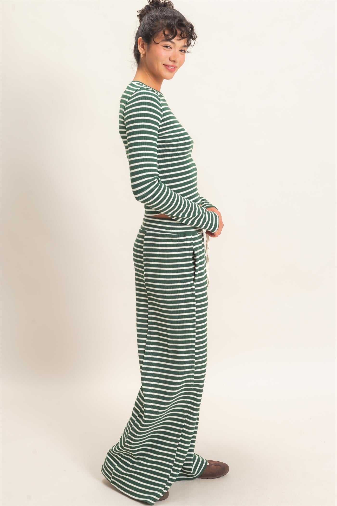 Wholesale Striped Waffle Long Sleeve Top & Pants Set Clothing DZ25F479-SET DARK GREEN DOUBLE ZERO