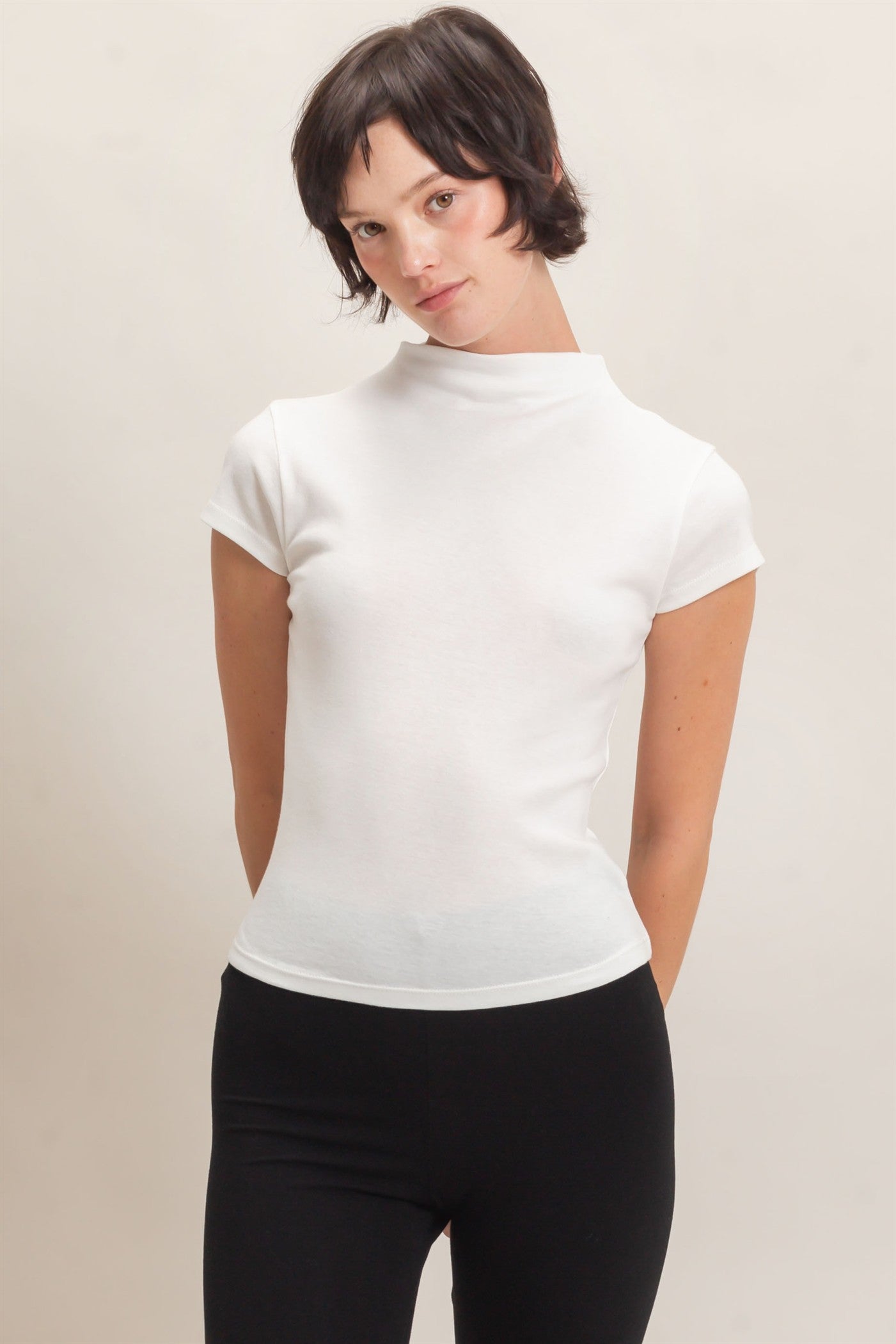 Wholesale Mock Neck Cap Sleeve Top Clothing Tops DZ26E323 WHITE DOUBLE ZERO