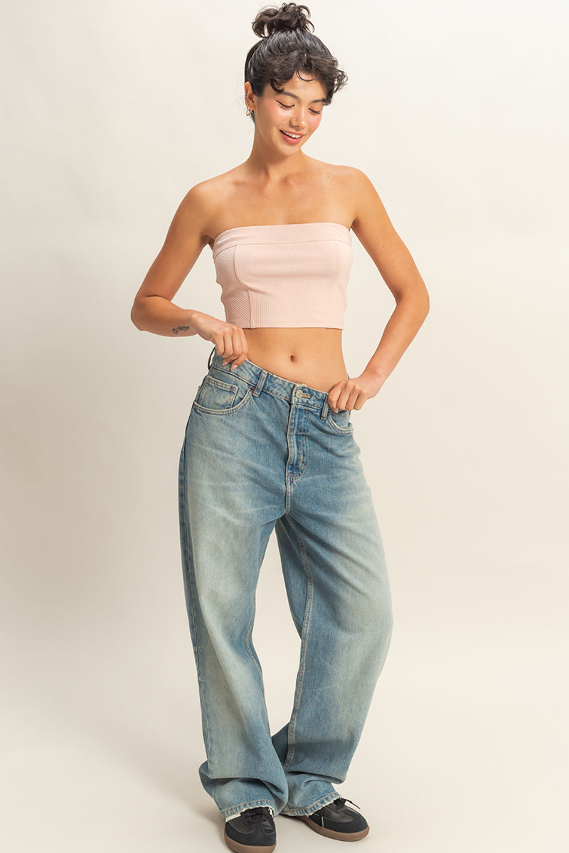 Wholesale Strapless Ribbed Crop Top Clothing Tops DZ23E512 PASTEL PINK DOUBLE ZERO