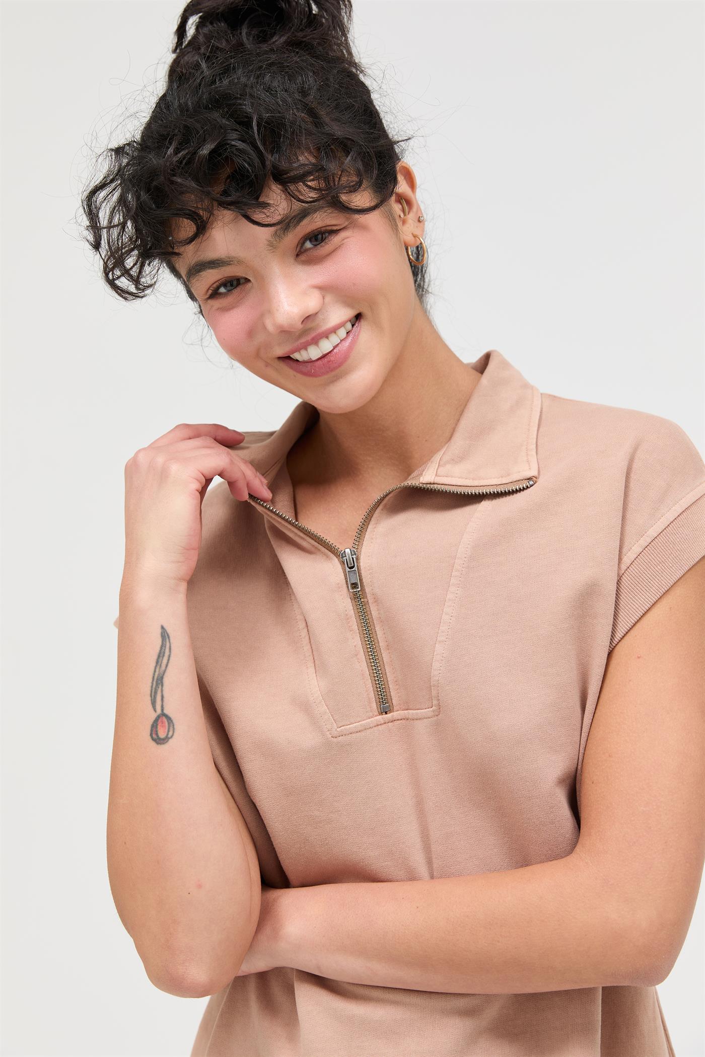 Wholesale Half Zip Up Mock Neck Mini Dress Dresses DZ26A030 DARK TAUPE DOUBLE ZERO