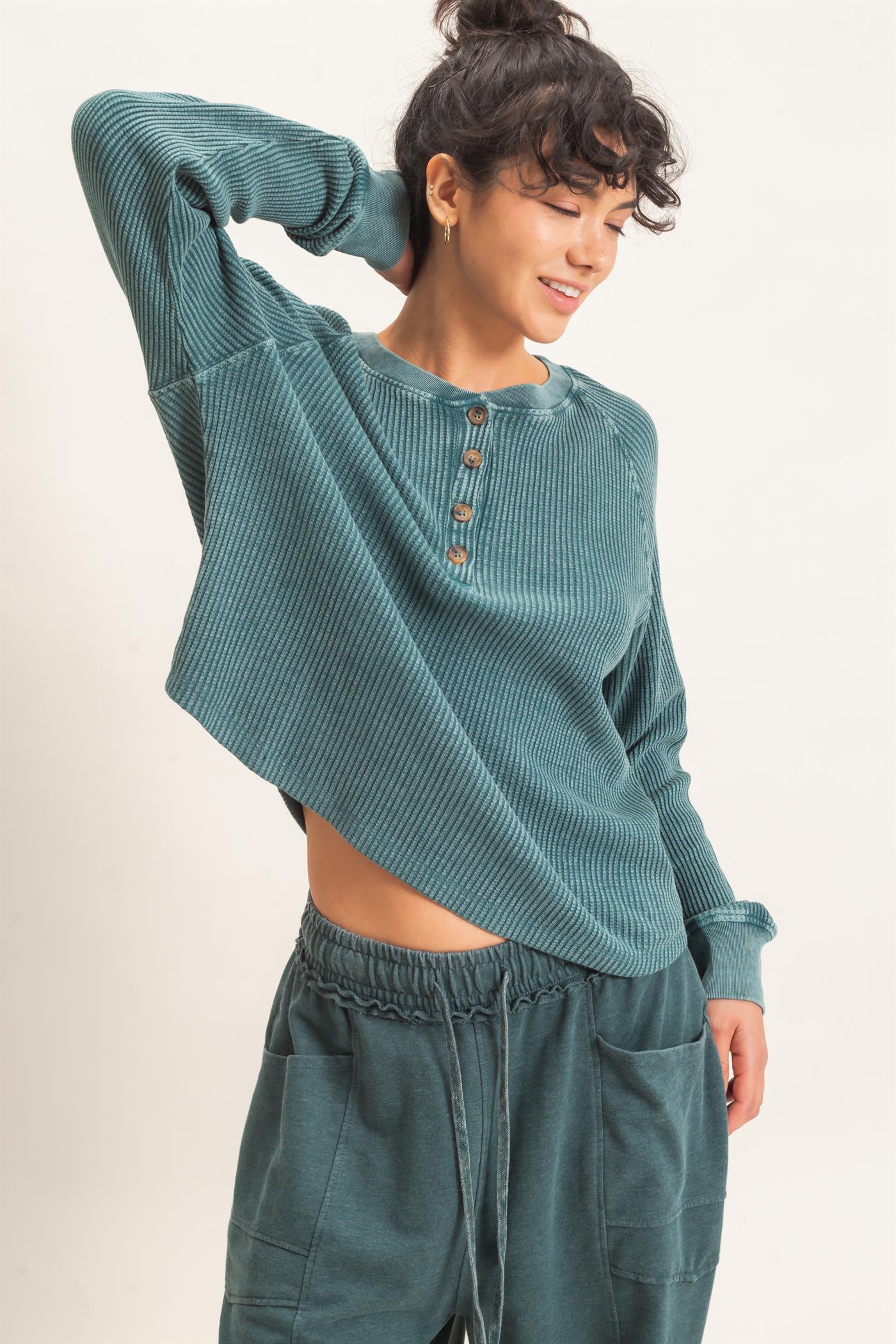 Wholesale Mineral Wash Waffle Knit Henley Top Sweatshirts DZ26E947 DARK TEAL DOUBLE ZERO