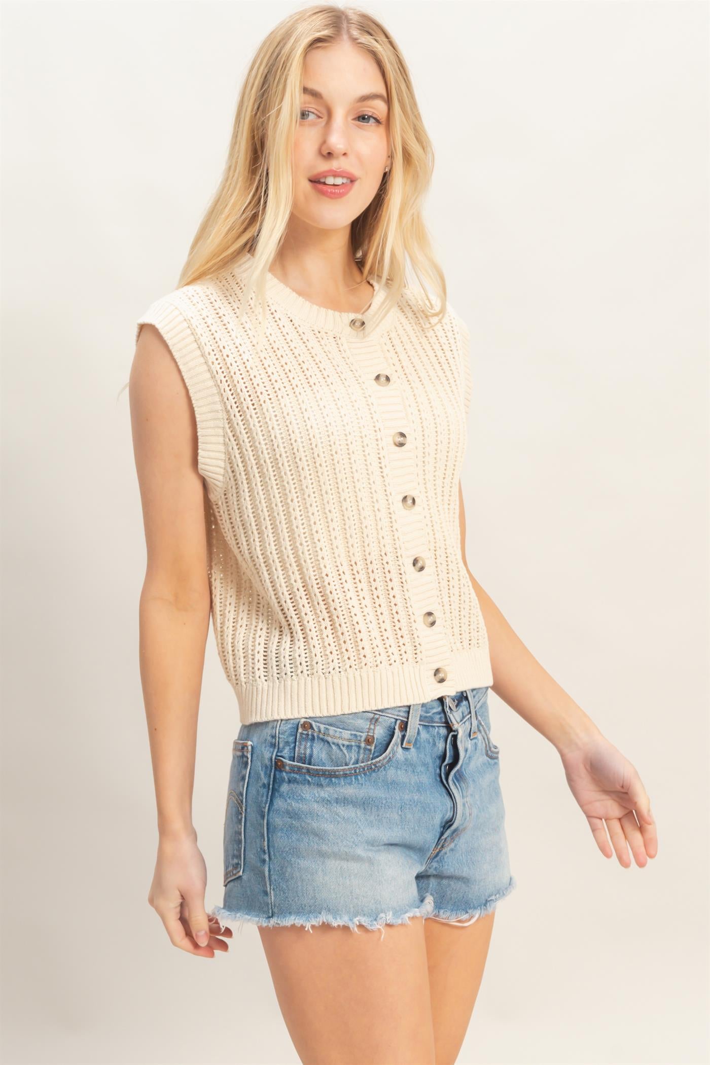 Wholesale Sleeveless Ribbed Button Top Sweaters HF26A356 CREAM HYFVE