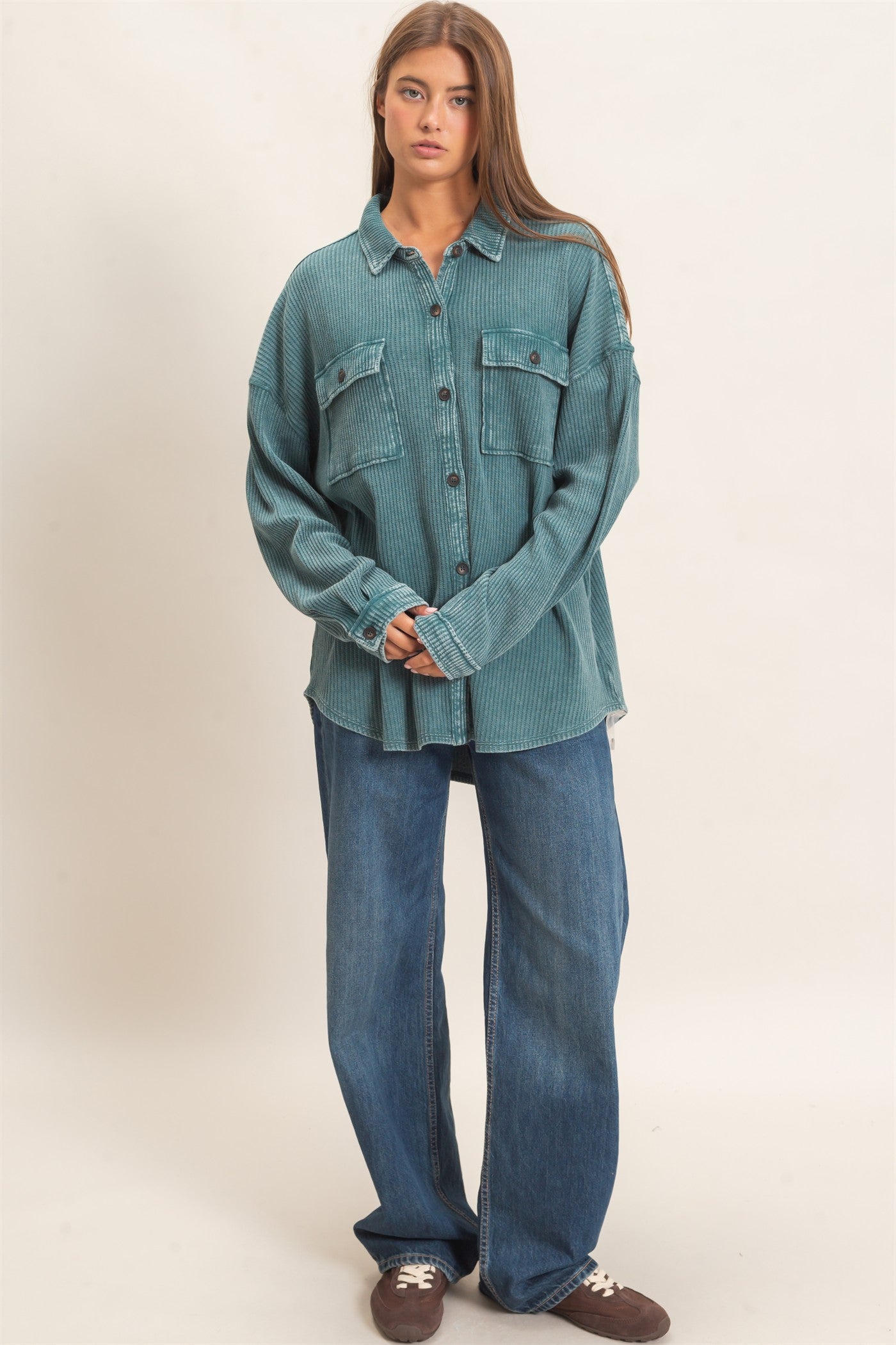 Wholesale Mineral Wash Waffle Knit Button-Up Shacket Coats & Jackets DZ26E249 DARK TEAL DOUBLE ZERO