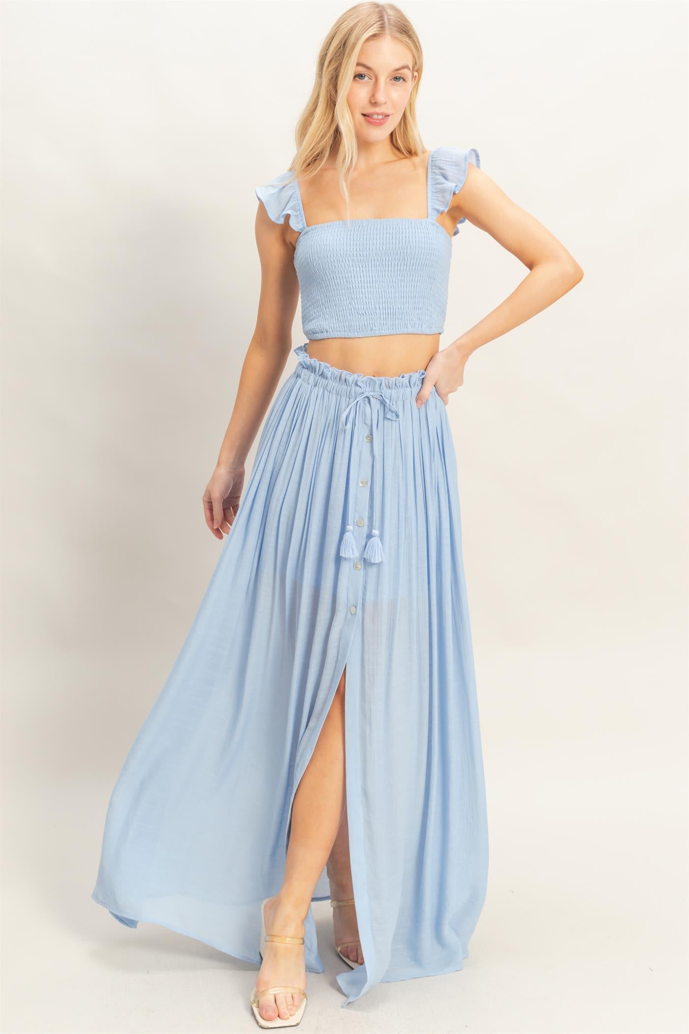 Wholesale Smocked Top & Maxi Skirt Set Clothing HF26C292-SET-D POWDER BLUE HYFVE