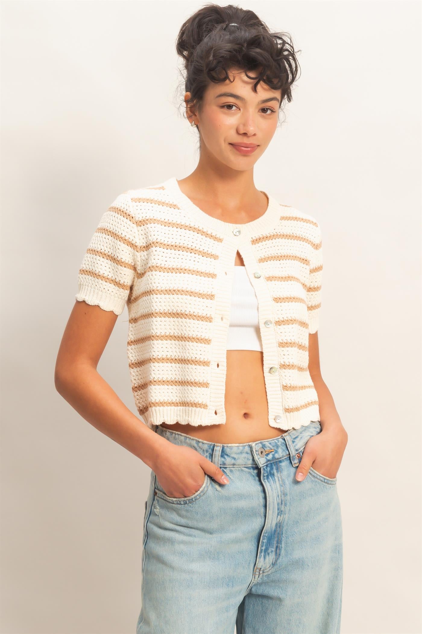 Wholesale Striped Short Sleeve Cardigan With Scallop Edge Cardigans DZ26A605 TAUPE DOUBLE ZERO