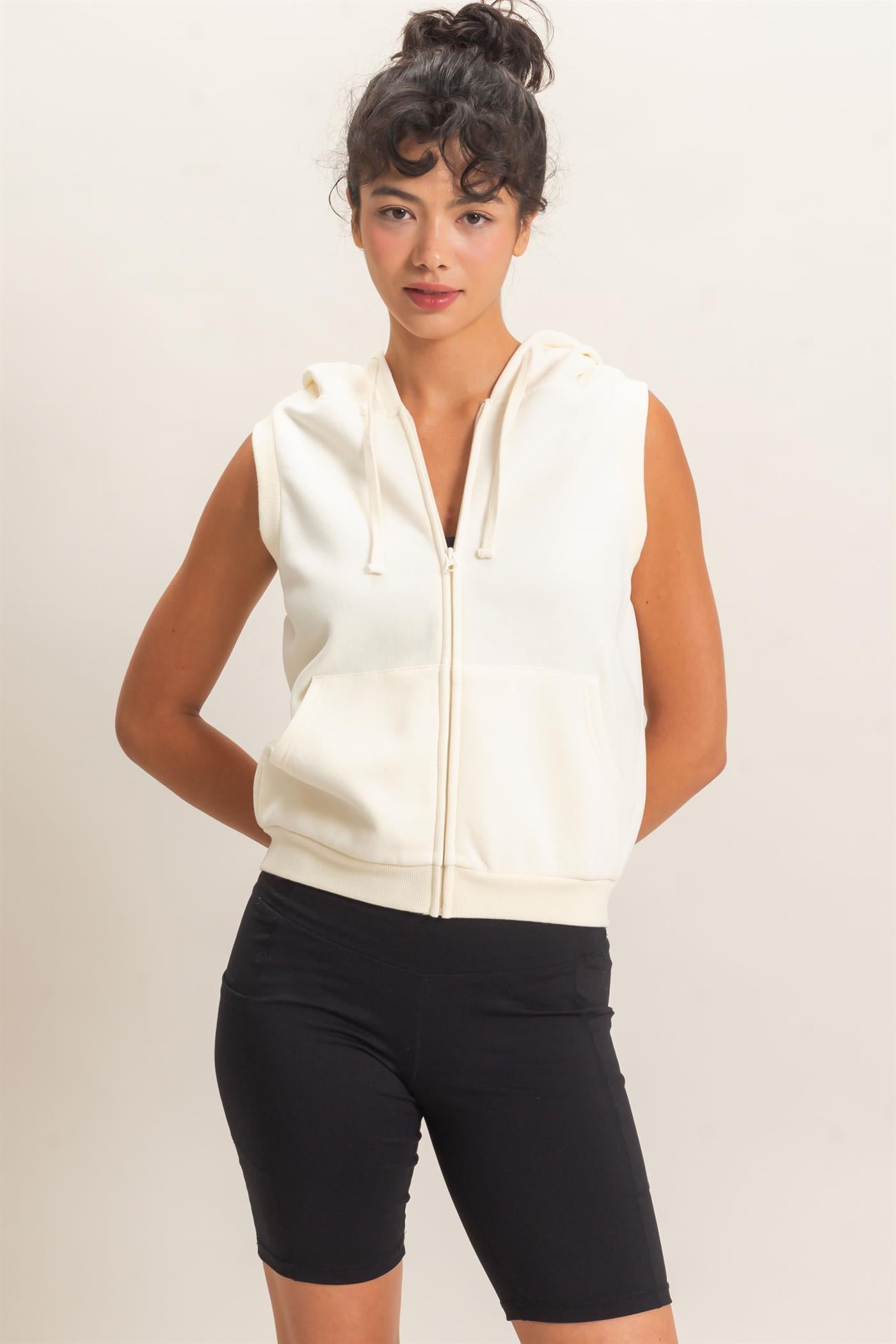 Wholesale Sleeveless Zip Up Hoodie Hoodies DZ26E330 CREAM DOUBLE ZERO