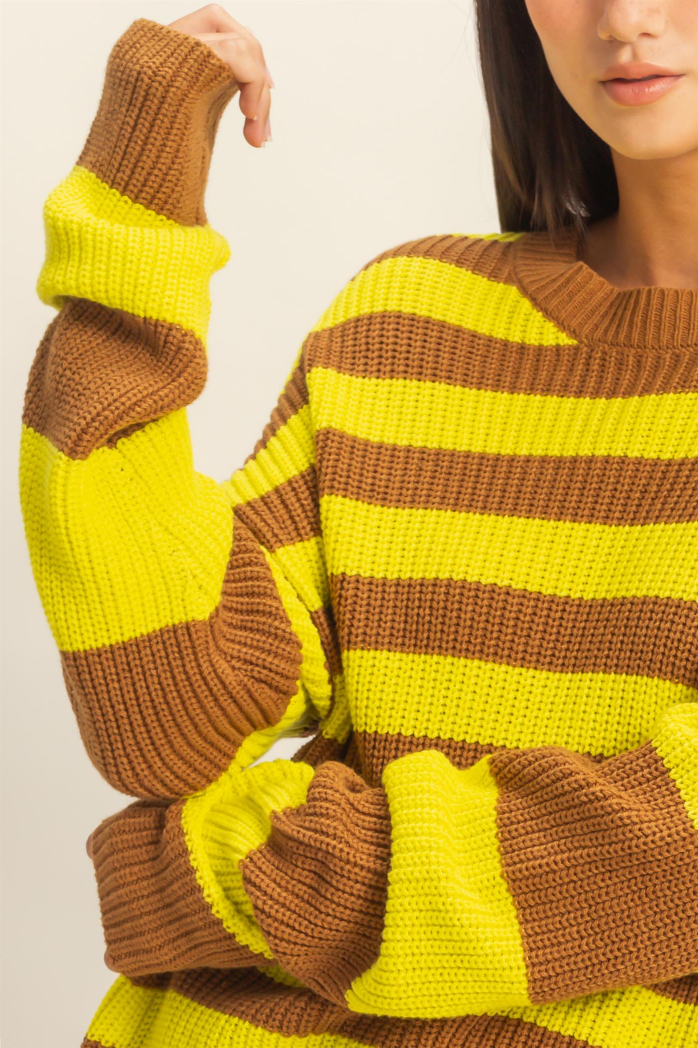 Wholesale Striped Long Sleeve Sweater Clothing Tops DZ23F071 BROWN/YELLOW DOUBLE ZERO