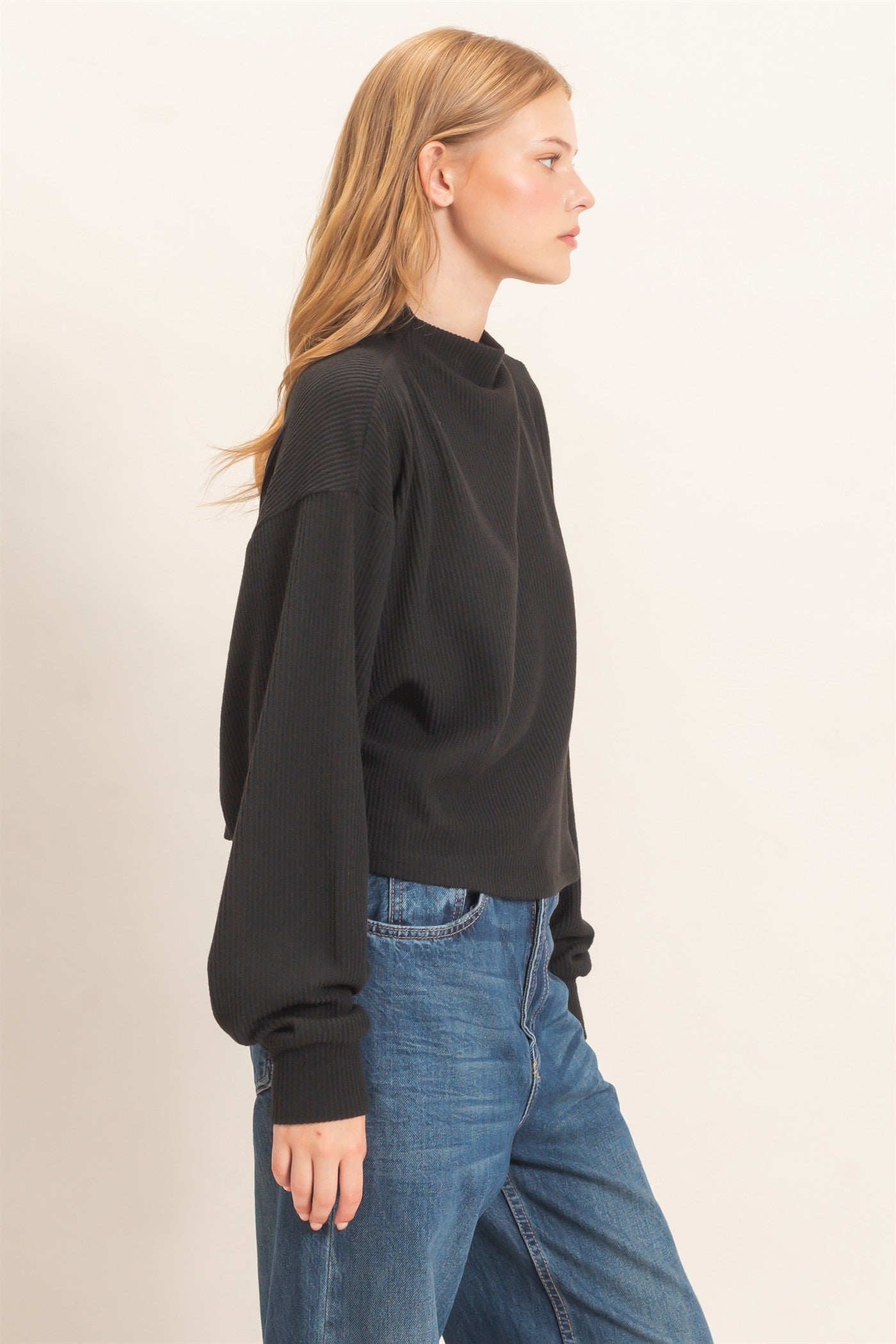Wholesale Ribbed Mock Neck Top Clothing Tops HF26F030 BLACK HYFVE