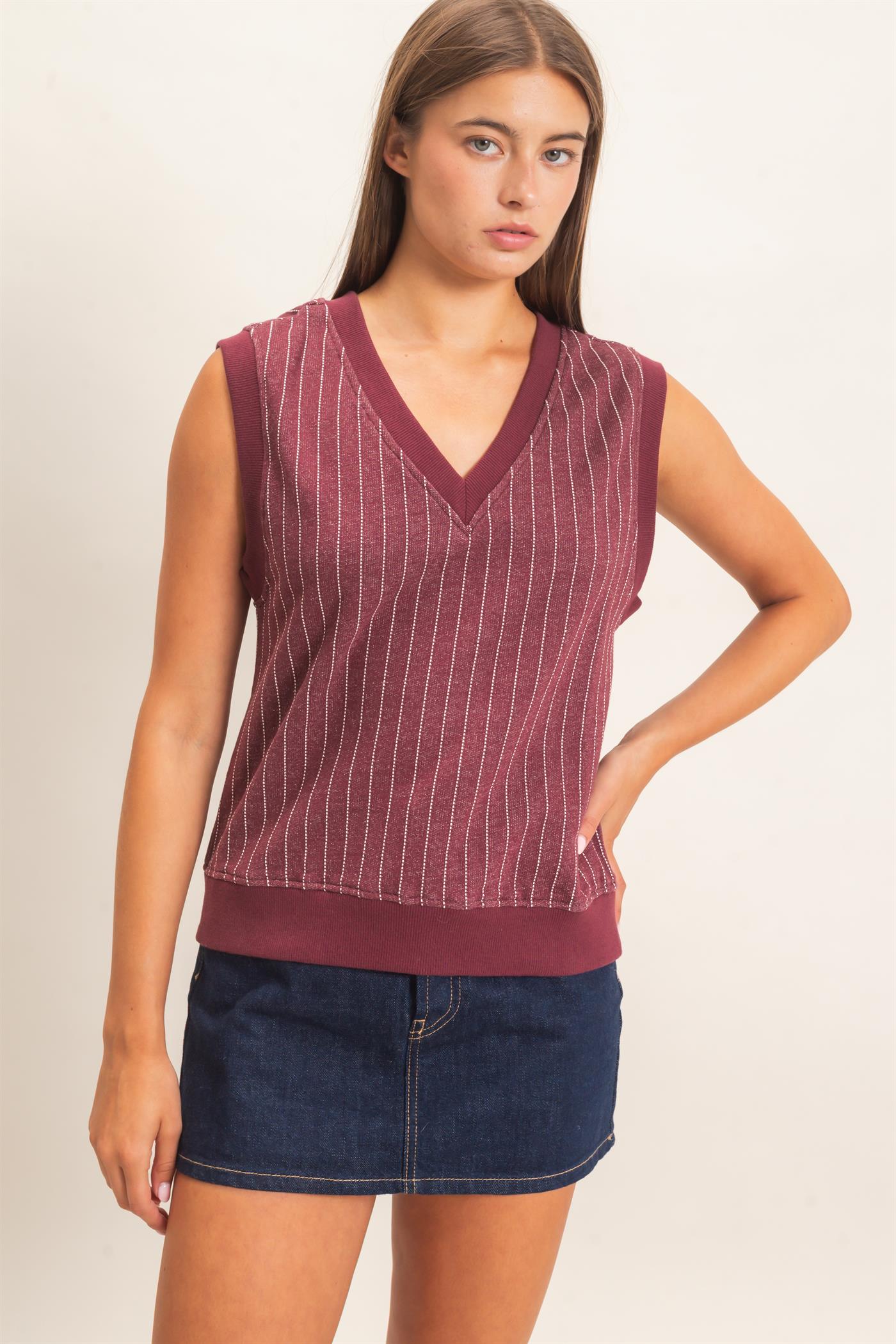 Wholesale V-Neck Pinstripe Sleeveless Top Clothing Tops DZ26E626 DARK CHERRY DOUBLE ZERO