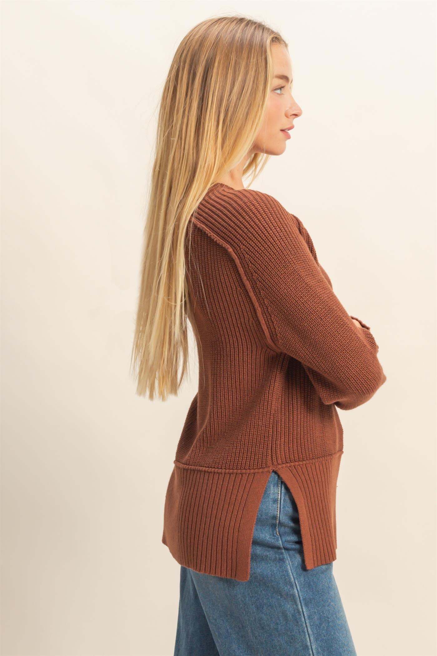 Wholesale Ragaln Long Sleeve Side Slit Sweater Sweaters DZ25E812 CHESTNUT DOUBLE ZERO