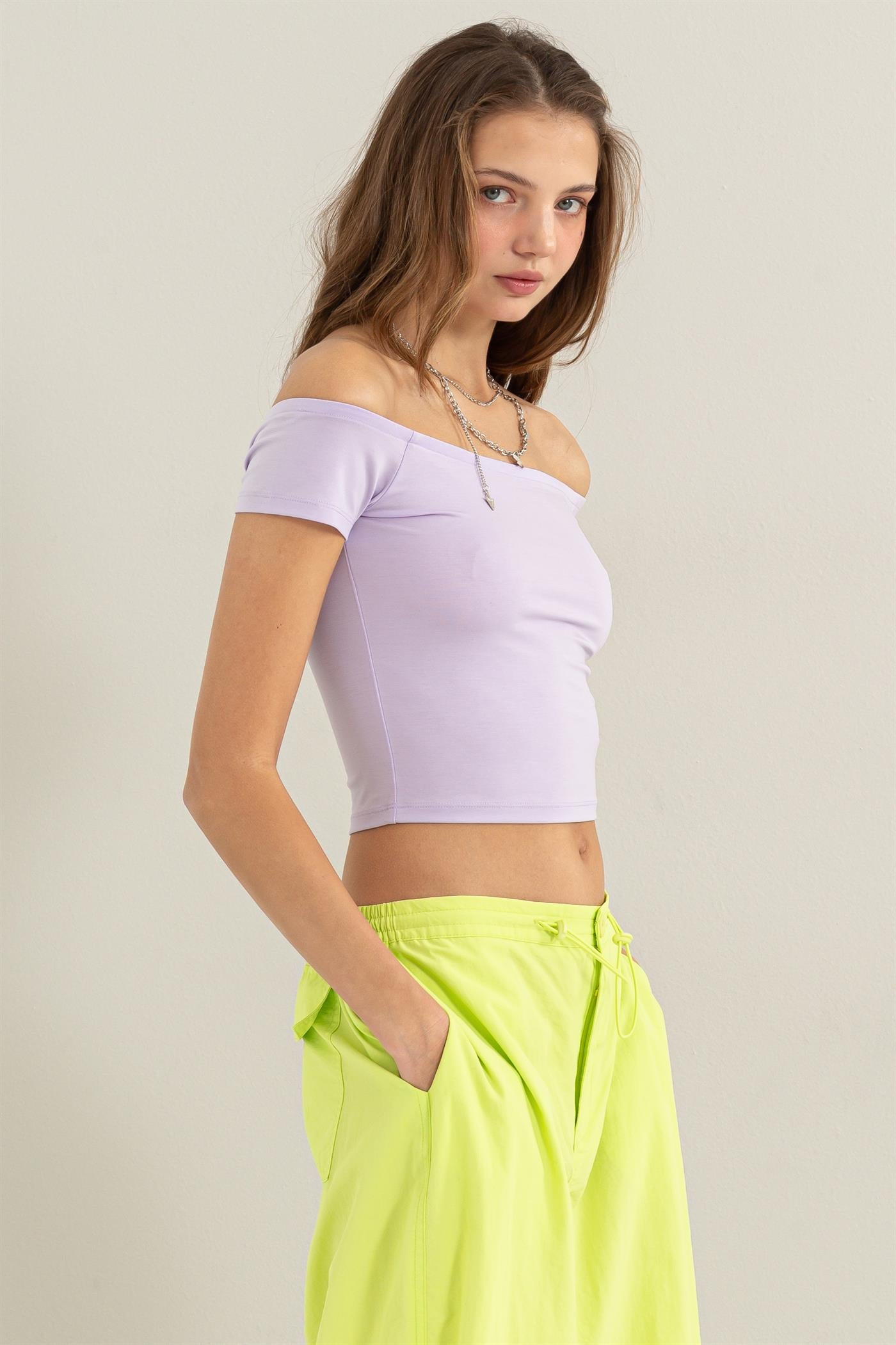 Wholesale Off The Shoulder Crop Top Clothing Tops DZ24C044 LAVENDER DOUBLE ZERO
